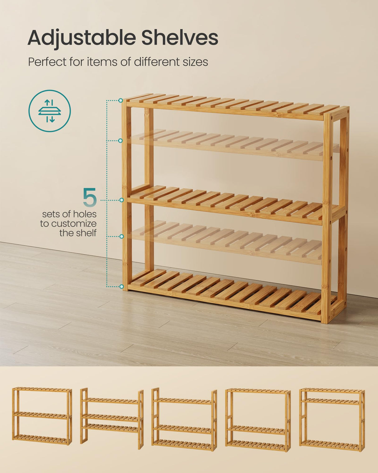 SONGMICS Bamboo Bathroom Shelf, 3-Tier Adjustable Plants Rack, Wall-Mounted or Stand, in the Living Room, Balcony, Kitchen, 5.9 x 23.6 x 21.3 Inches, Natural UBCB13Y SONGMICS