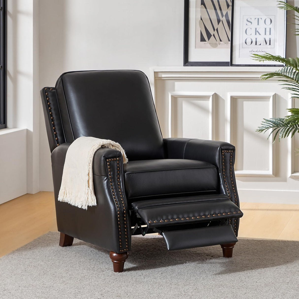 HULALA HOME Genuine Leather Recliner Chair, Classic Push Back Recliner Armchair with Thick Seat and Backrest (Black) HULALA HOME