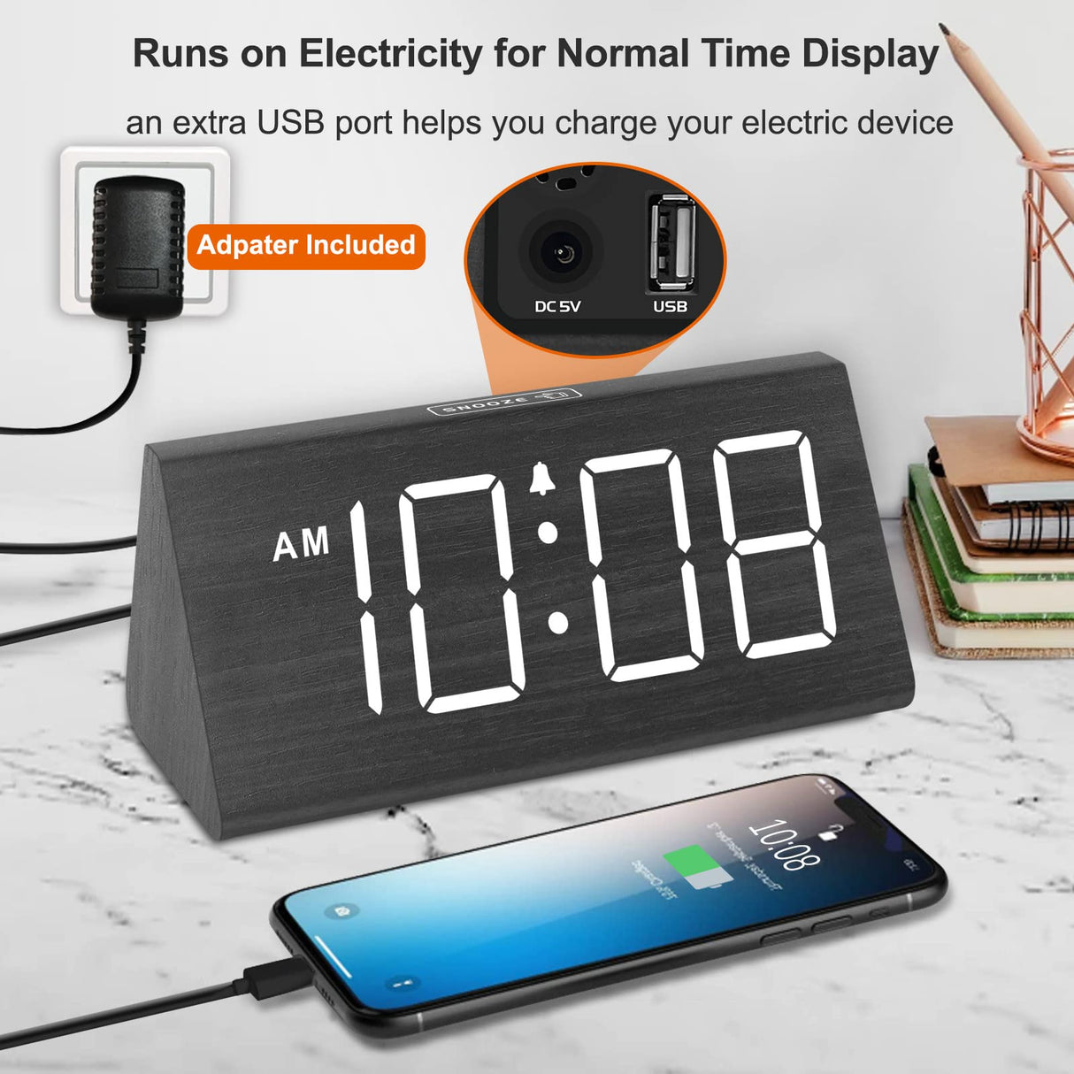 DreamSky Wooden Digital Alarm Clocks for Bedrooms - Electric Desk Clock with Large Numbers, USB Port, Loud Alarm for Heavy Sleepers, Adjustable Volume, Dimmer, Snooze, DST, 12/24H, Wood Décor Gifts DreamSky