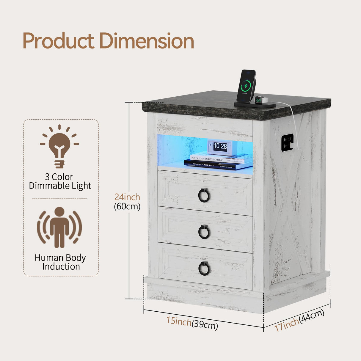 Lvifur Farmhouse Nightstand with Gun Drawer, Human Sensor LED Bedside Table with LED Lights & Charging Station, Rustic Wood Sofa Side End Table with 3 Drawers for Bedroom (Antique White) Lvifur