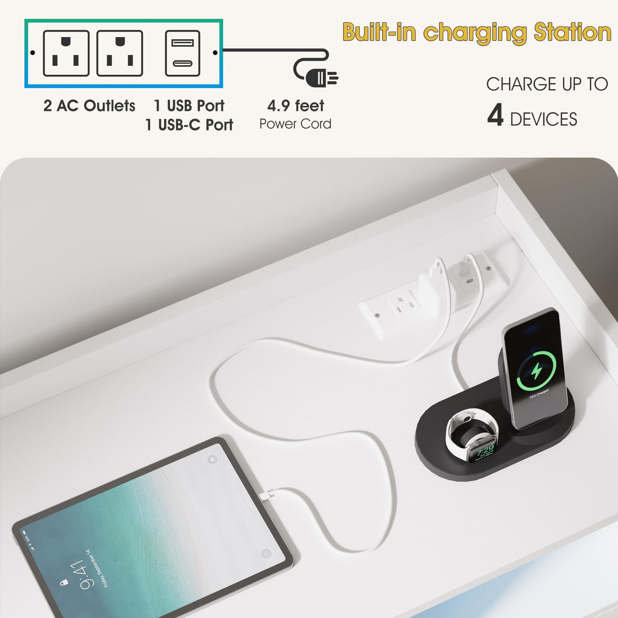 Whalefall 4-Drawer Tall Dresser with Charging Station & LED Lights - Modern Wood Chest of Drawers for Bedroom, Living Room, Hallway, or Entryway, Sturdy Storage Furniture (White) Whalefall