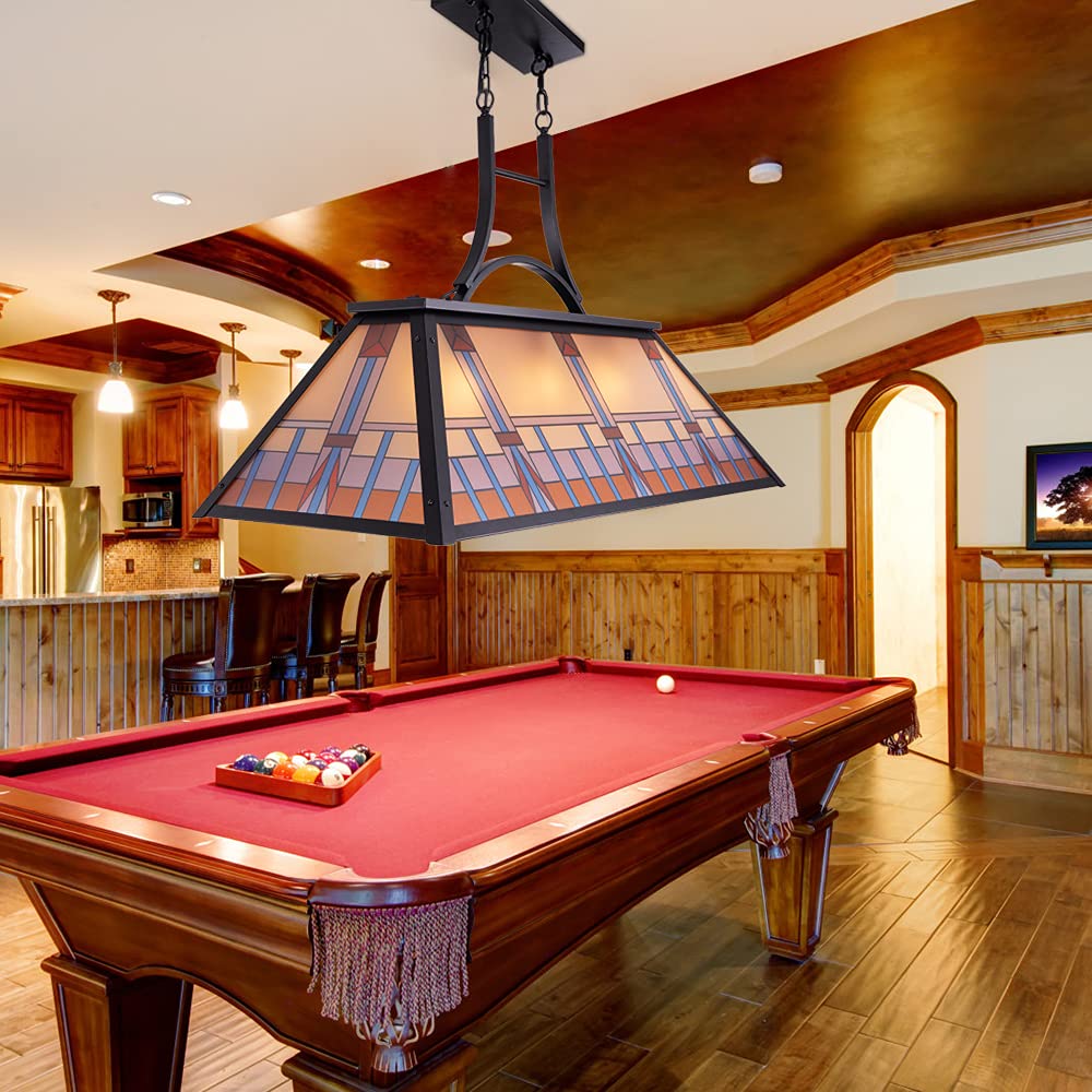 Tochic Vintage 3-Light Pool Table Light Pendant with Tiffany-Style Printed Shade for Game Room 7 ft/8 ft/9 Feet Snooker Billiards Light Man Cave Club Kitchen Island Bar Game Dinning Room TOCHIC