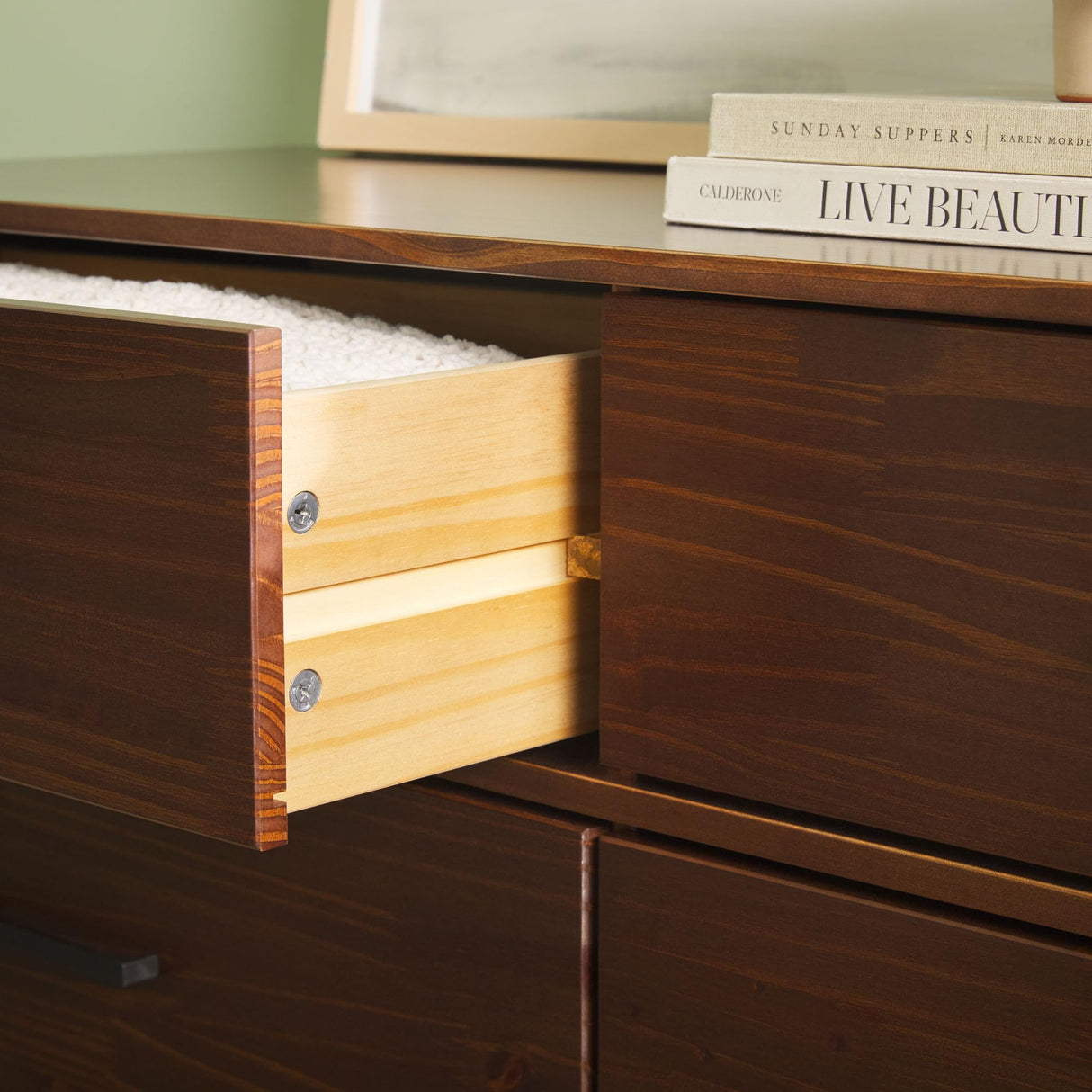 Modern Solid Pine Wood 6-Drawer Dresser with Metal Handles and Generous Storage Space, Walnut Finish Walker Edison