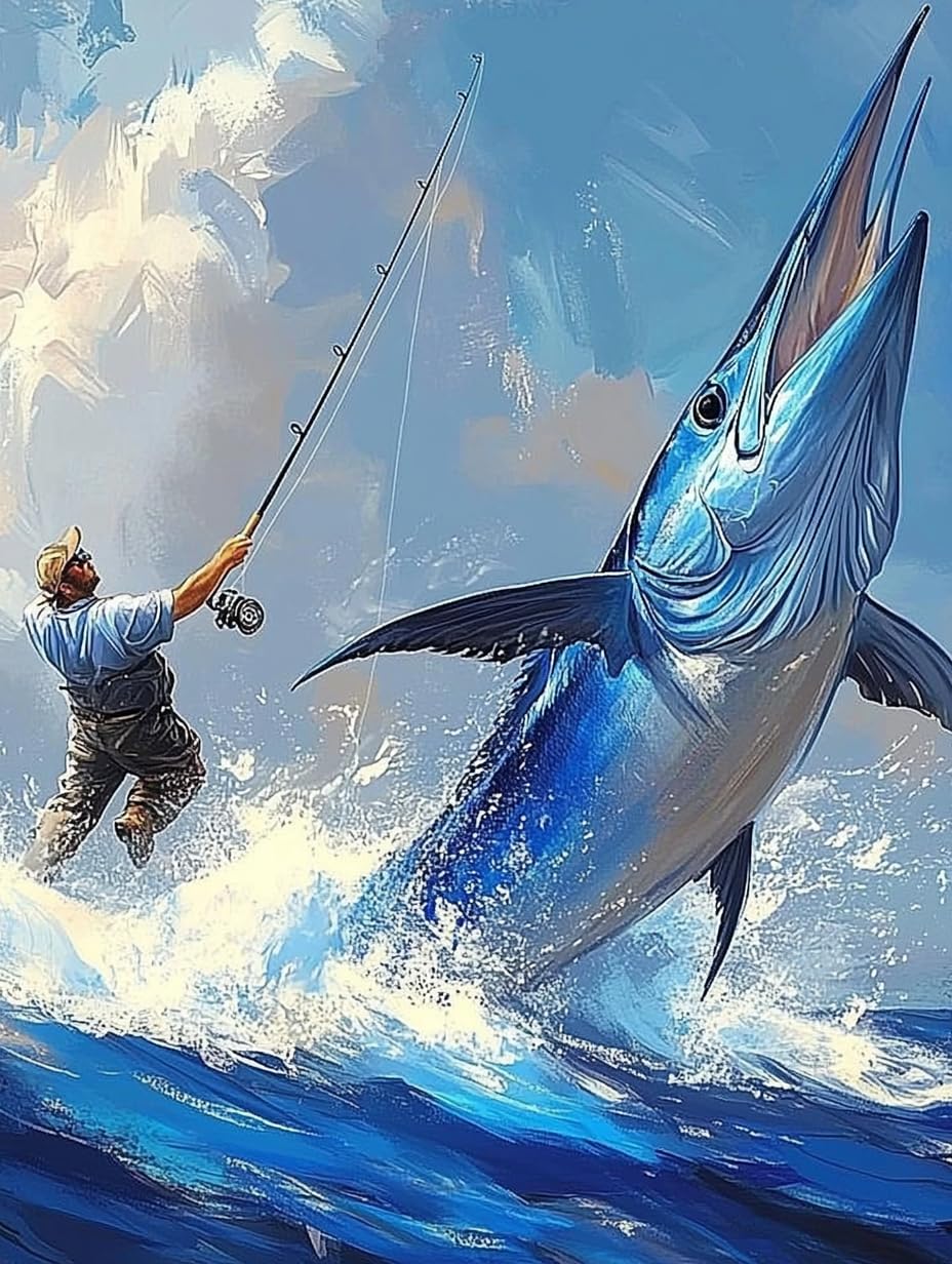 HLYSKXKBEC Fishing Diamond Painting Kits for Adults Beginners, Sea Fishing Tuna DIY Diamond Art Paint with Round Diamonds Full Drill Art Painting Kit for Home Wall Decor Gifts 12x16inch HLYSKXKBEC