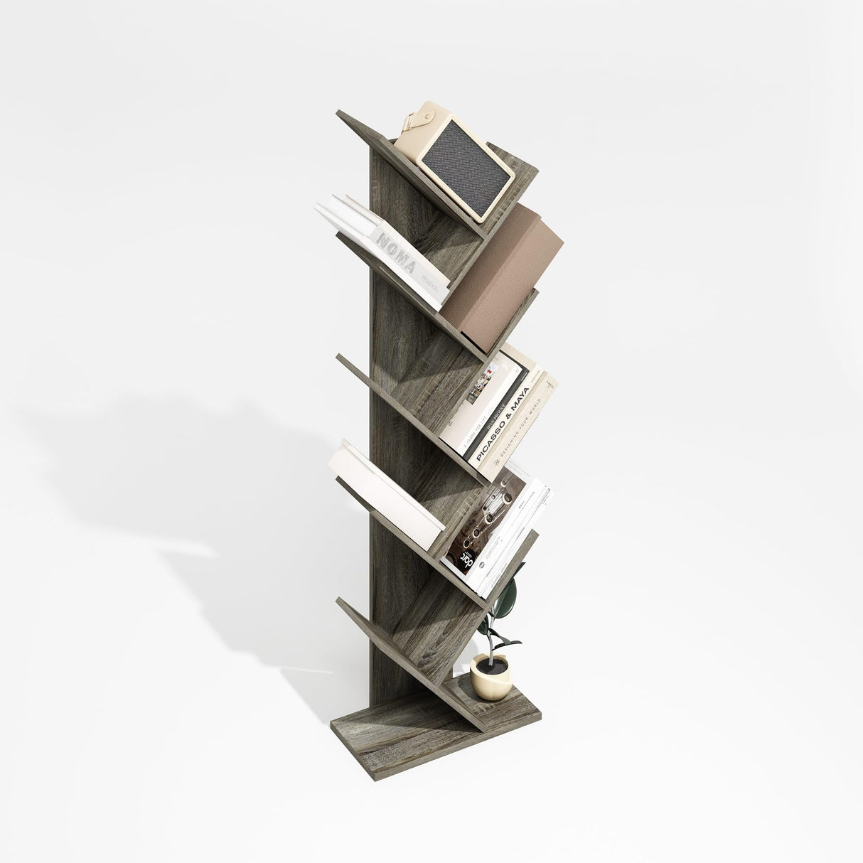 Furinno Tree Book Shelf, 9-Tier Tree Bookshelf with Open Shelf, Bookcase Storage Shelves, for Books, CD DVD, for Living Room, Home Office, Oak Grey Furinno