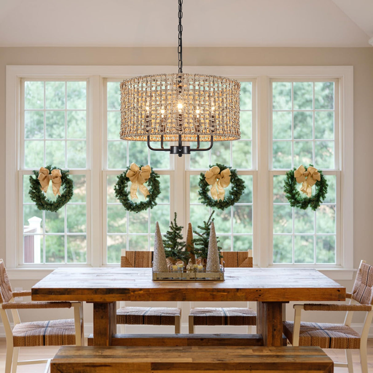 LASENCHOO 5 Lights Rattan Wicker Drum Chandeliers for Dining Room, Dia 19" Drum Pendant Light Fixture Hanging Boho Chandelier for Living Room Kitchen Entryway Hallway Bedroom, Height Adjustment LASENCHOO