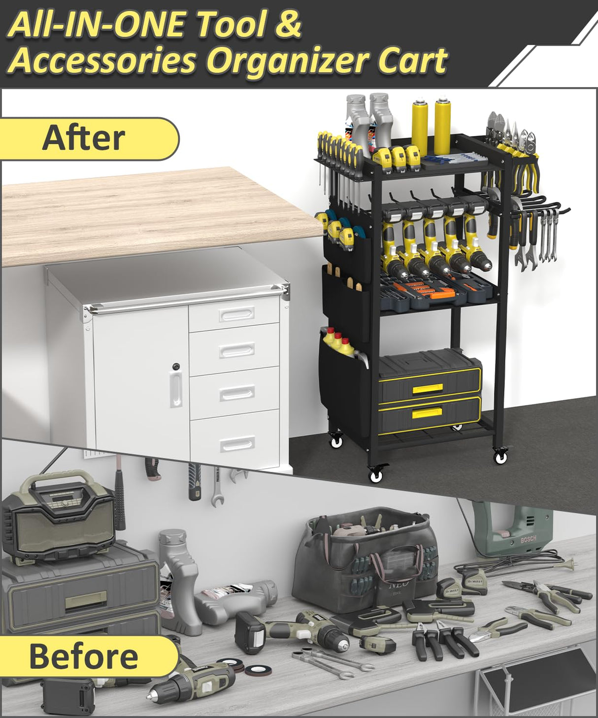 Artibear 4-Tier Rolling Power Tool Organizer Storage Cart, Garage Organization on Wheels Tool Cart with Drill Set Rack Shelf, Mechanic Utility Cart for Workbench & Outdoors Working, Gift for Men Dad Artibear