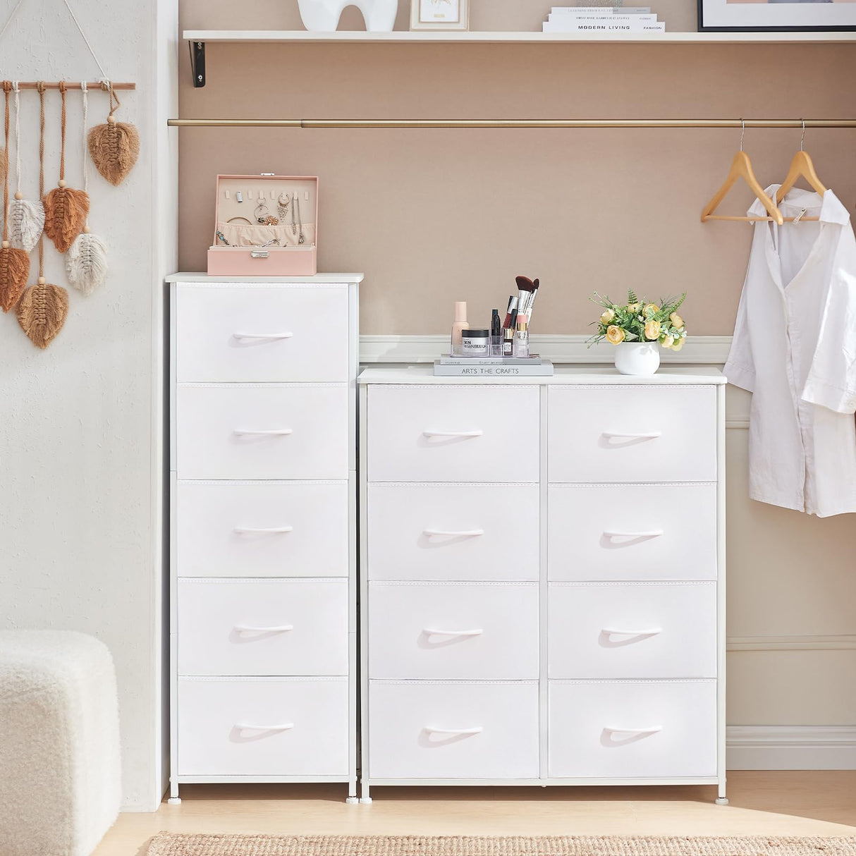 Somdot Dresser for Bedroom,Chest of Drawers Storage Organizer,Steel, MDF,Non-Woven Fabric Drawers,Closet Bedside Living Room Entryway Hallway,11.8" D x 16.5" W x 45.1" H (5 Drawers) White Leather,1 Somdot