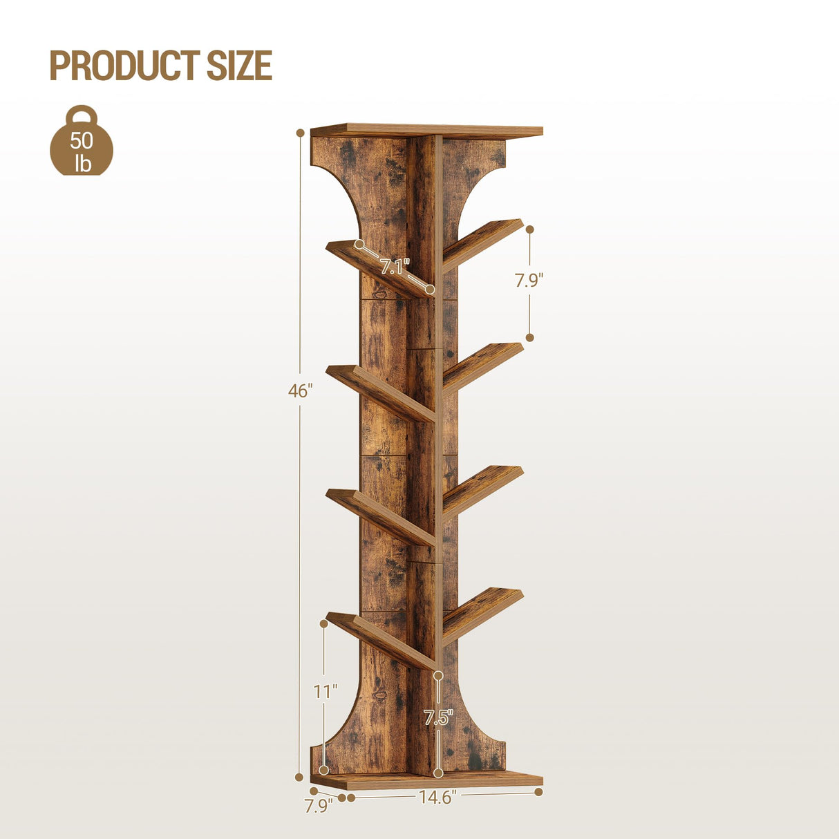 Hzuaneri Tree Bookshelf, 11 Tier Narrow Bookcase, Display Shelf, Book Organizer, Small Floor Standing Book Shelf for Bedroom, Living Room, Home Office, Rustic Brown BC01601X Hzuaneri