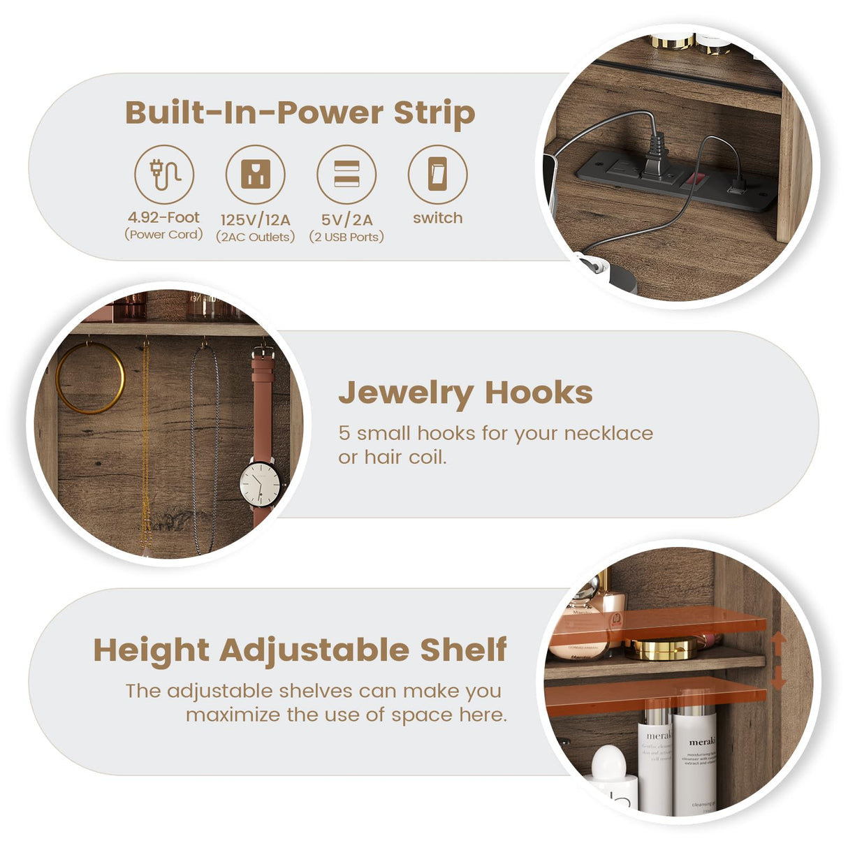 AOGLLATI Makeup Vanity with Lights & Barn Doors, Vanity Desk with Mirror and Lights & Charging Station, Farmhouse Brown Vanity Table with Jewelry Hooks and Open Storage Shelves AOGLLATI