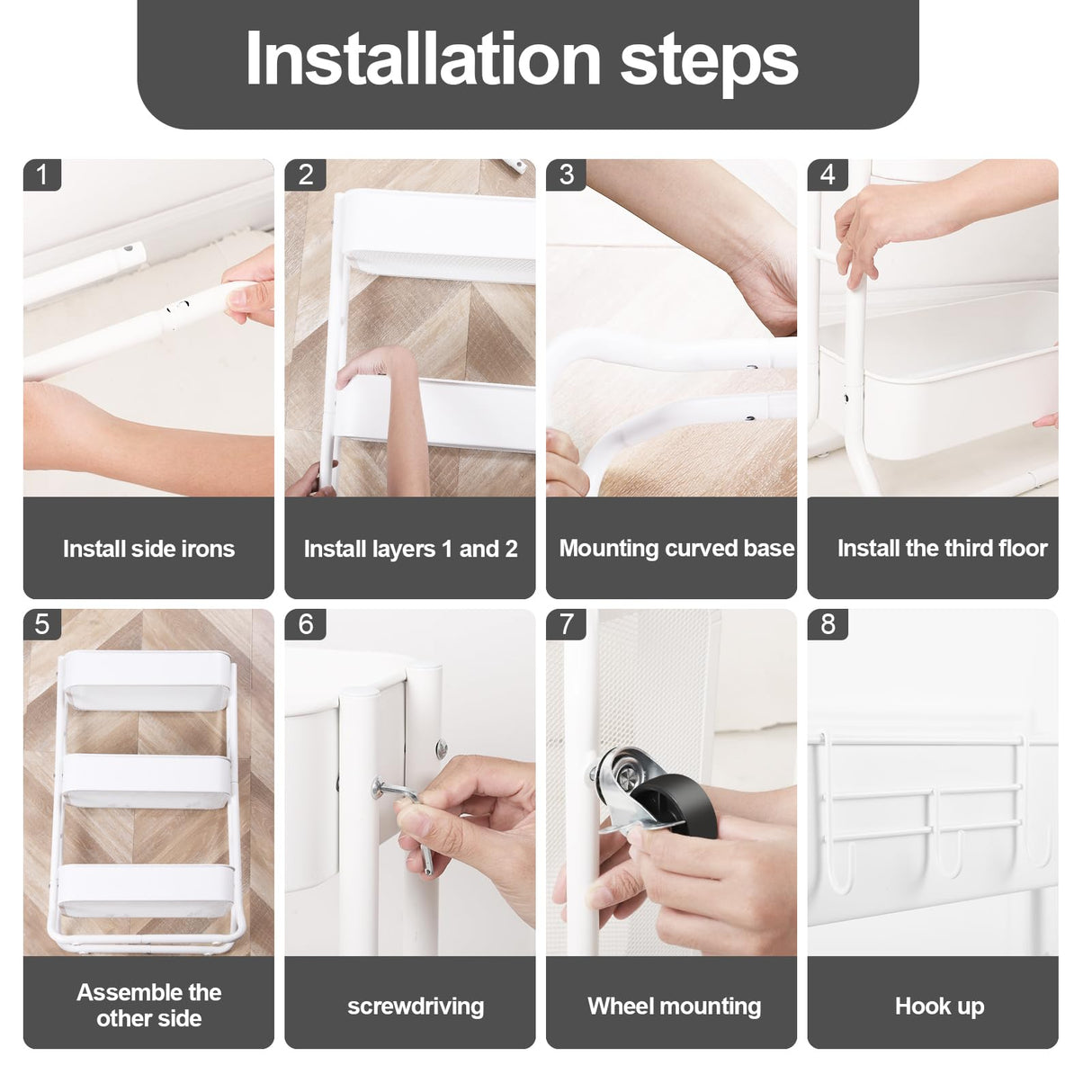 MAX Houser Slim 3-Tier Rolling Utility Cart, Narrow Metal Bathroom Storage Multifunctional Organizer Carts with Wheels with Extra Hook, Laundry Room,Kitchen,Small Space(White) MAX Houser