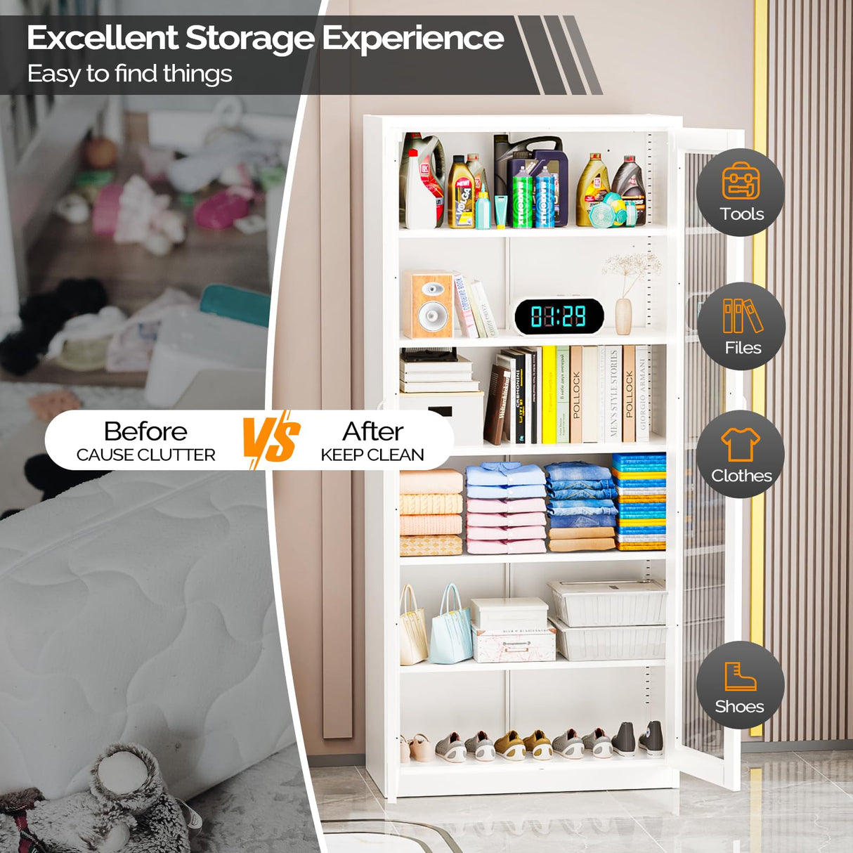 VINGLI Lockable Display Cabinet with Glass Doors & 5 Adjustable Shelves, 71" Tall White Metal Storage Cabinet Curio Liquor, Bookshelf Bookcase for Home Office Living Room Pantry Garage VINGLI