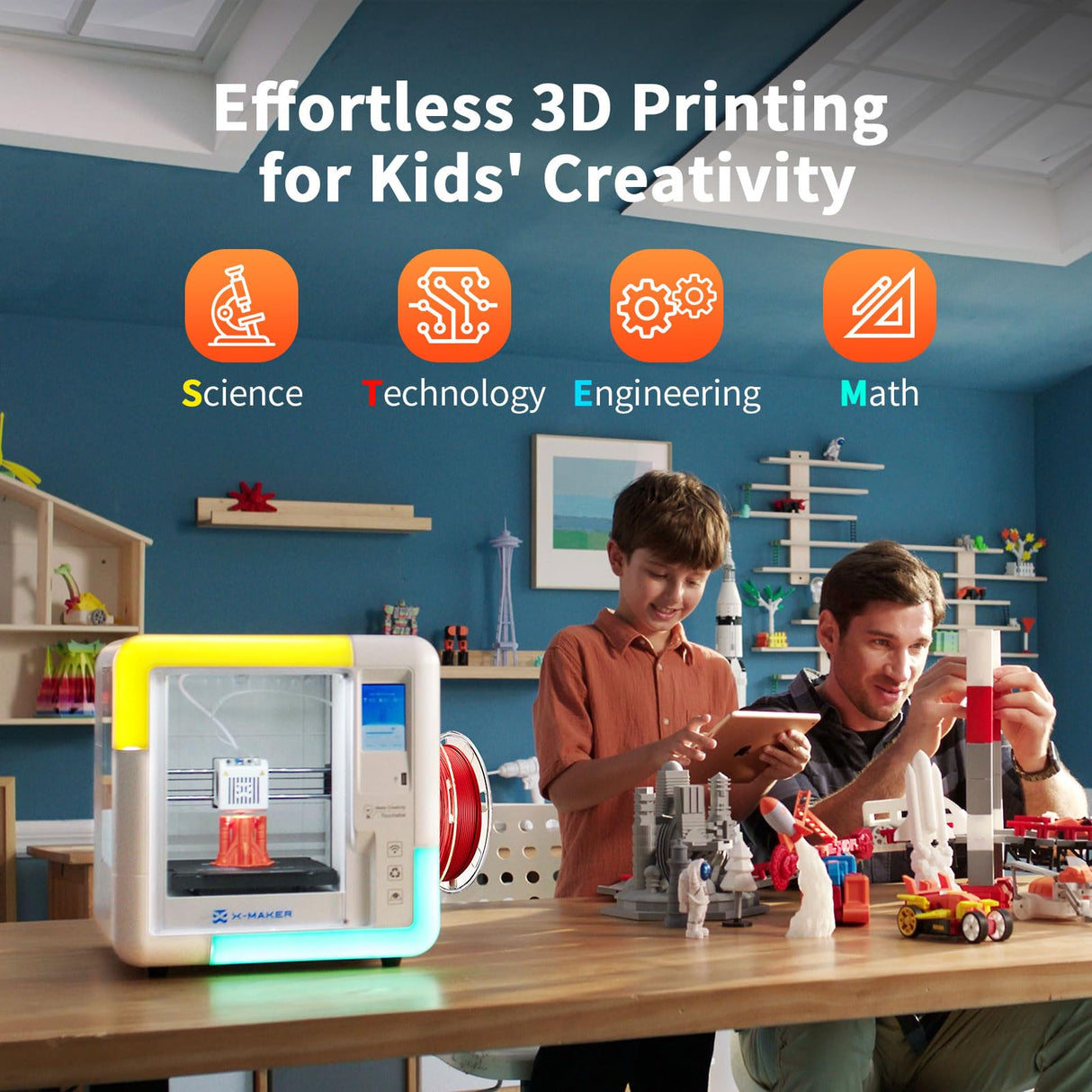 AOSEED X-Maker 3D Printer for Kids and Beginners, Fully Assembled High-Speed 3D Printer with 8 PLA Filament Set, Leveling-Free Bed, Wi-Fi Printing, Silent, High Precision Small 3D Printer with App AOSEED
