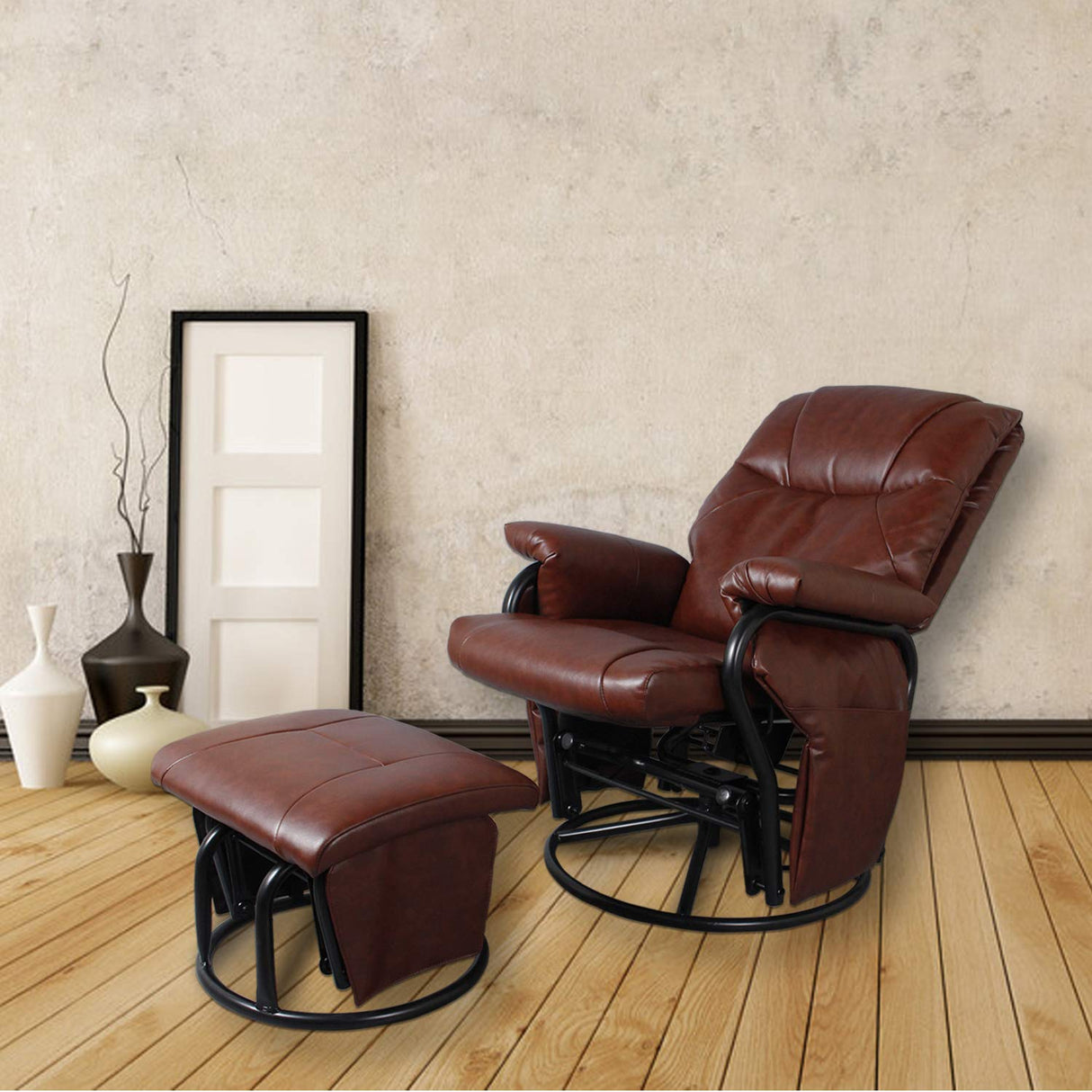 JIASTING Recliner Chair with Ottoman Living Room Chairs Faux Leather Glider Chair 360 Degree Rotation Leisure and Relaxation Furniture (Red-Brown) JIASTING