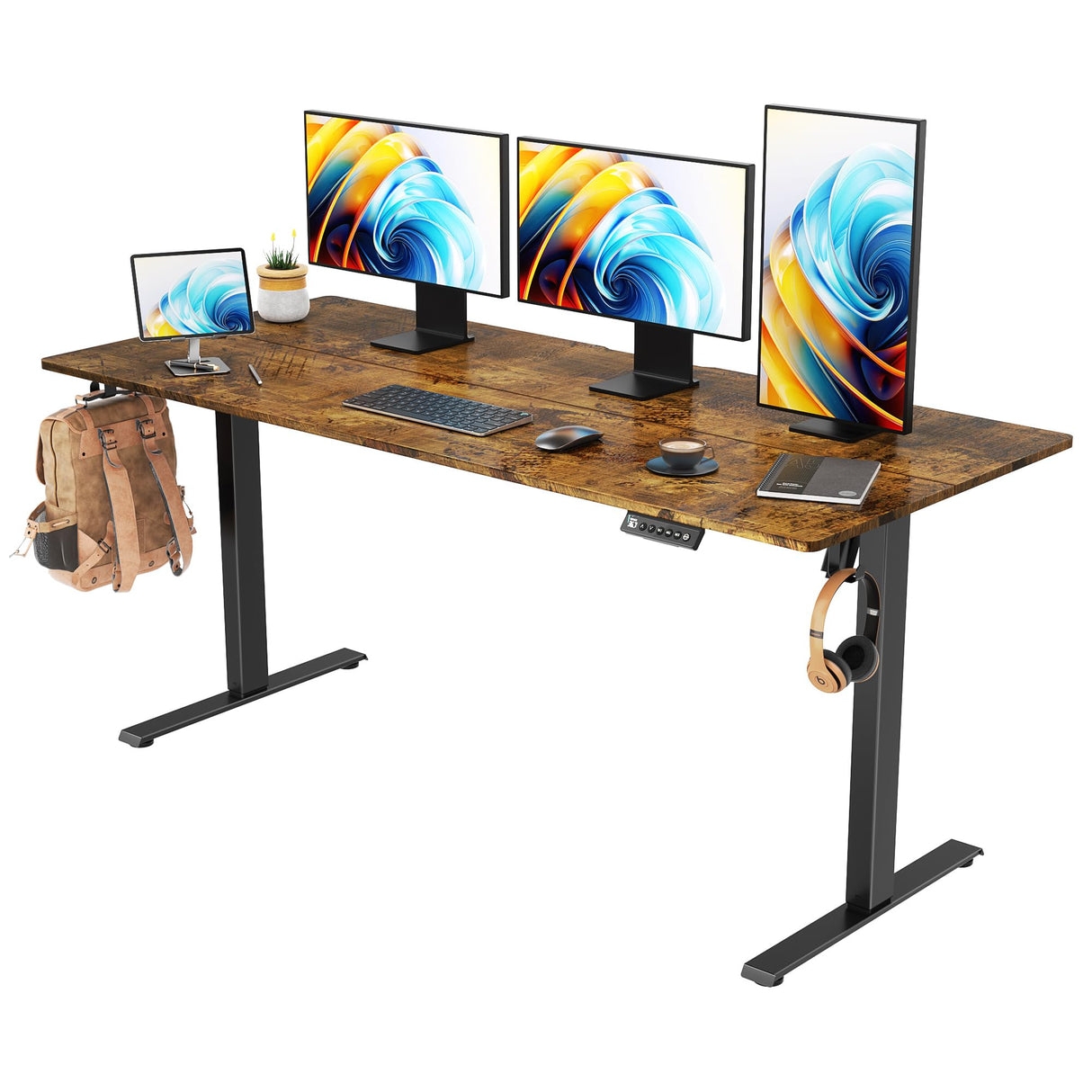 VVENACE 63 x 28 Electric Standing Desk Adjustable Height 4 Memory Preset, 4 Wheels, 2 Headphone Hook, Home Office Desk, Stand Up Sit Stand Desk Computer Table, Splice Board Rustic Brown VVENACE