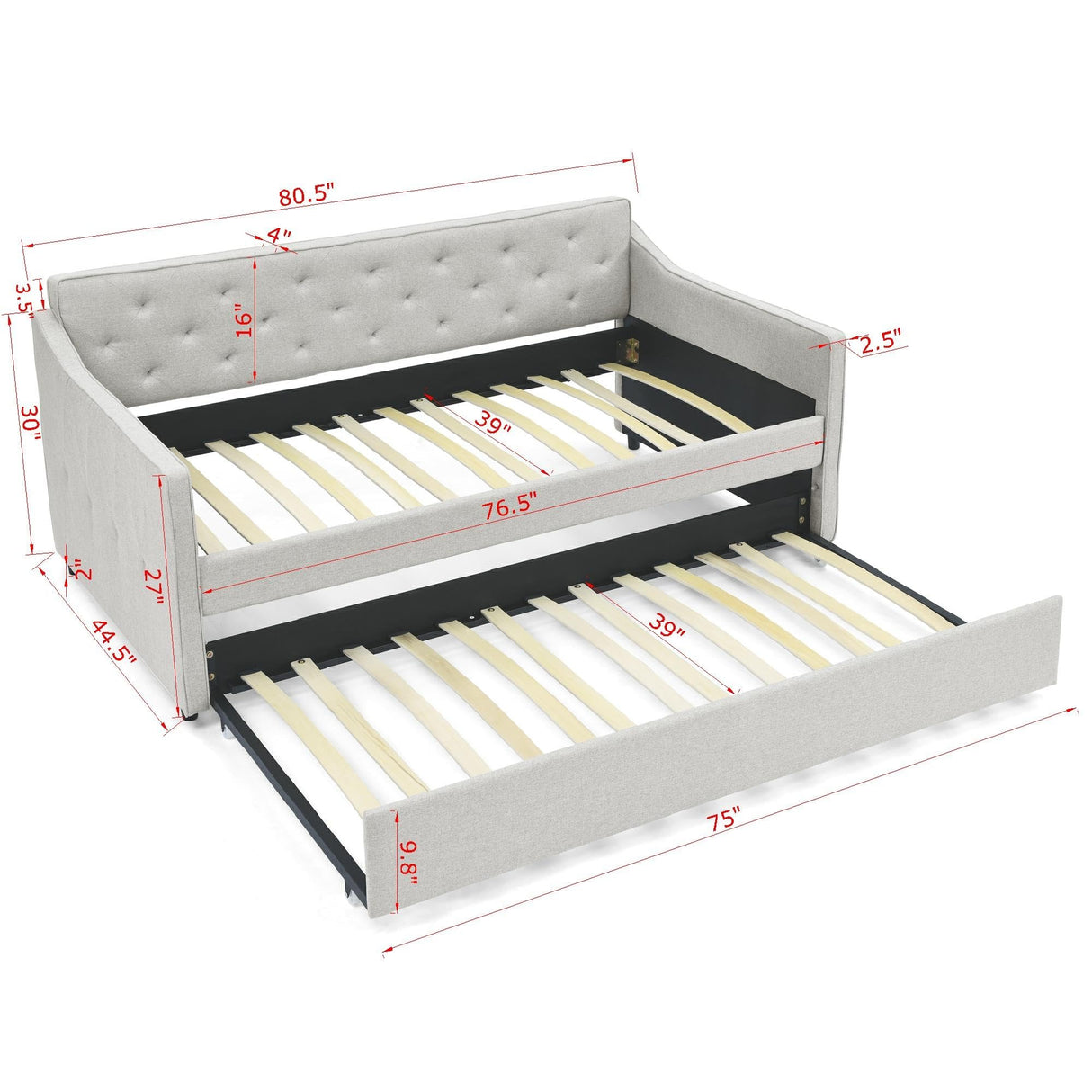 SLEERWAY Daybed with Trundle, Linen Upholstered Tufted Twin Size Day Bed Pull-Point Sofa Daybed Frame with Twin Roll-Out Trundle, No Box Spring Needed, Furniture for Bedroom, Living Room, Beige SLEERWAY