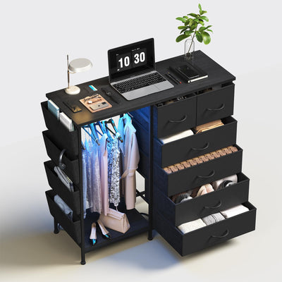 WODRAWER 6 Drawer Dresser for Bedroom with Clothes Rack, Clothes Dresser with Side Pockets and Hooks, Charging Station & LED Lights, Wooden Top, Fabric Storage (Black)