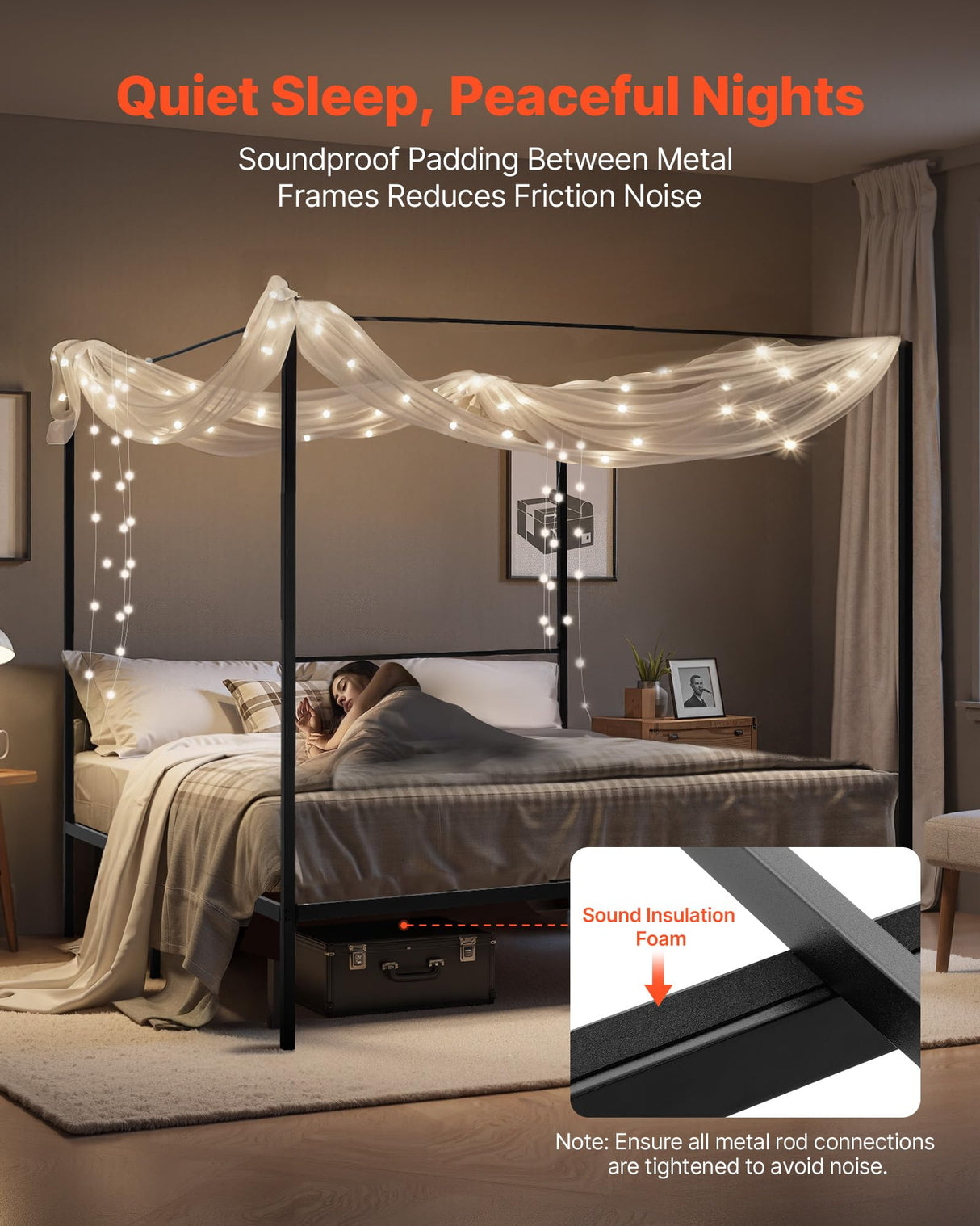 VEVOR Canopy Bed Frame King Size, Metal Canopy Bed with Charging Station and Four Posters Design, Heavy Duty Steel Slats Support, Underbed Storage Space, No Box Spring Needed, Easy Assembly, Black VEVOR