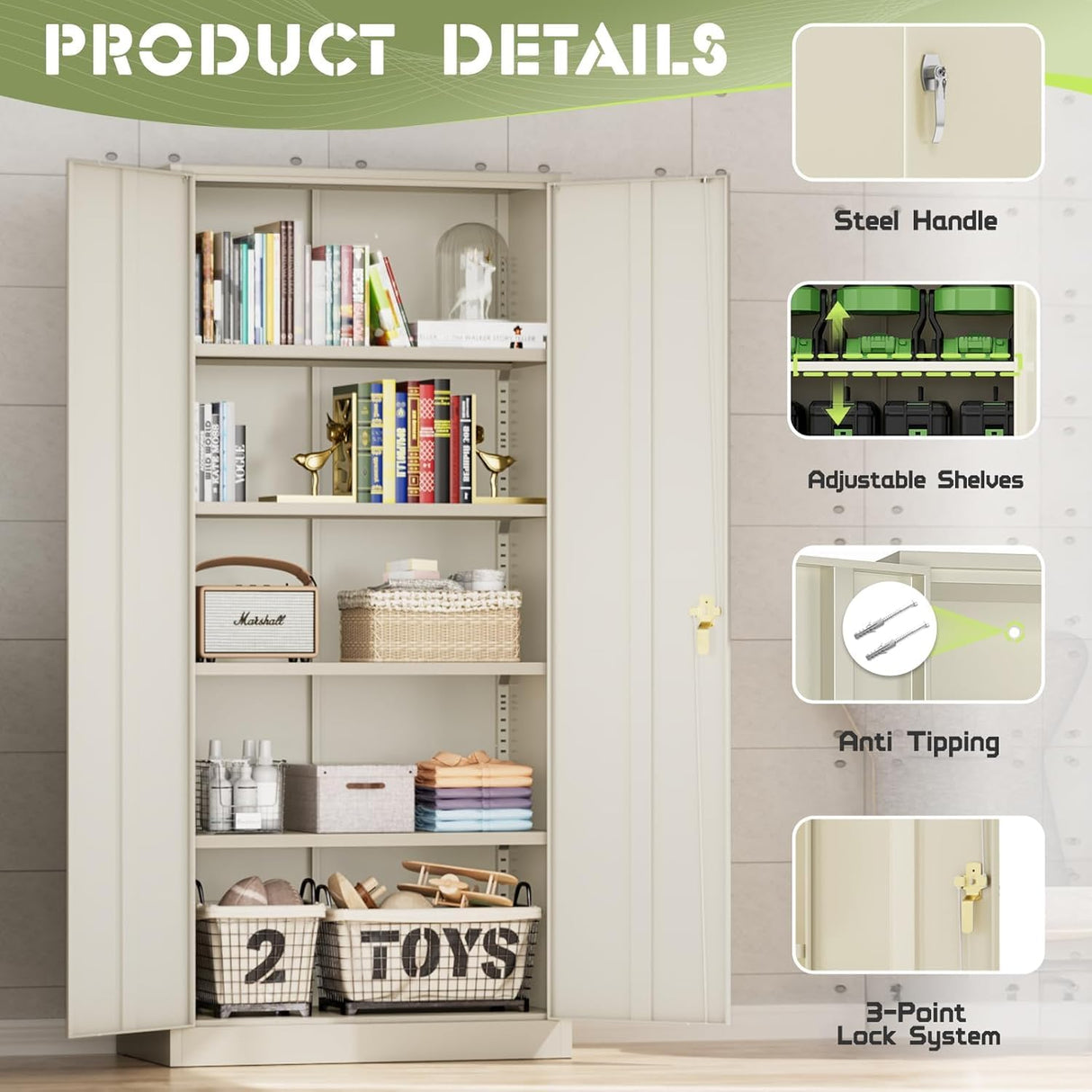 SUNCROWN Metal Storage Cabinets, 72”Locking Cabinet with 2 Doors and 4 Adjustable Shelves, Steel Utility Tool Garage Cabinets,Tall Metal Lockable File Cabinet for Office,Home, Gym, School, Ivory SUNCROWN