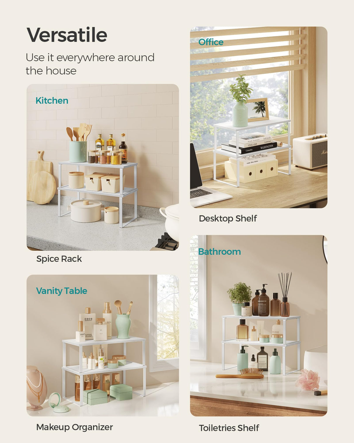 SONGMICS Cabinet Organizer Shelf, Set of 2 Kitchen Counter Shelves, Kitchen Storage, Spice Rack, Stackable, Expandable, Metal and Engineered Wood, Cloud White and Snow White UKCS025W01 SONGMICS