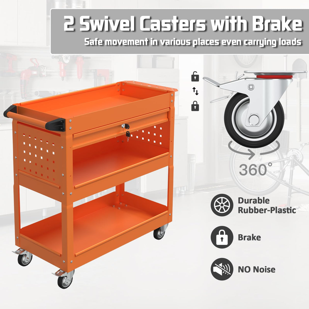 Pelnuies 3 Tray Tool Cart with Drawers, 400 LBS Capacity Rolling Tool Cart on Wheels, Heavy Duty Utility Cart with Pegboard, Mechanic Tool Storage Cart for Garage, Warehouse and Repair Shop, Orange Pelnuies
