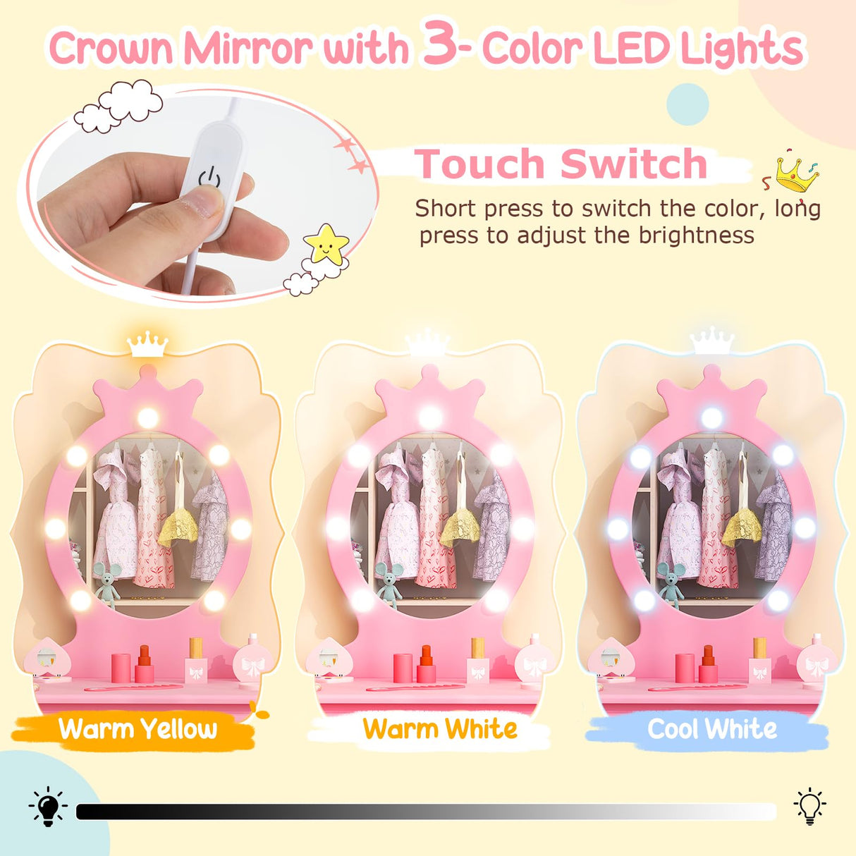 Costzon Kids Vanity, Girls Vanity Set with Mirror and Stool and Lights, Drawer, 2 in 1 Wooden Toddler Makeup Vanity Desk Dressing Table, Pretend Play Kids Vanity Table and Chair Set (Pink) Costzon