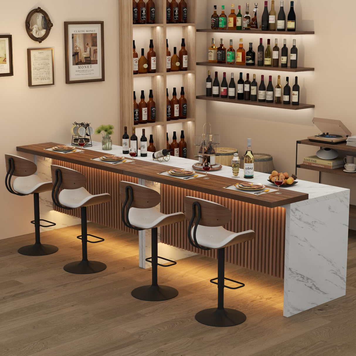 Gyfimoie 63" Large Imitation Marble Bar Table,Island Table with LED Lights,Mordern Marble Stripes Dining Table with Grille Design for Home Kitchen, Living Room, Balcony, Basement(White) Gyfimoie