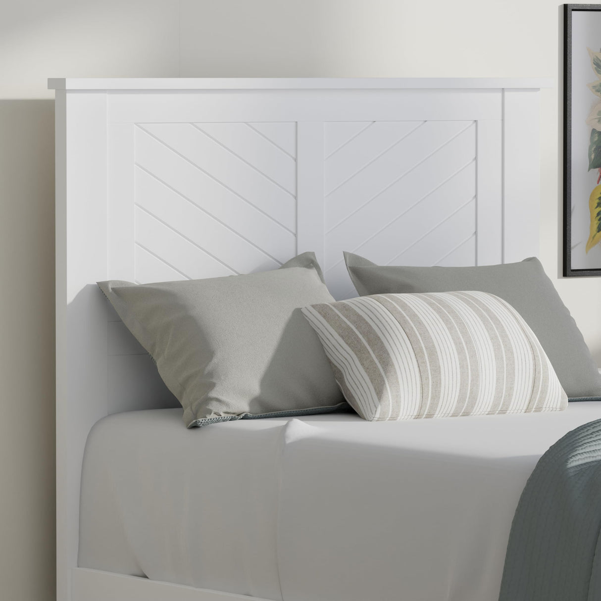 ComfIQ Serene Farmhouse Style Wood Bed in Twin Size with Chevron Scoring Headboard, Coastal Modern Design, Sturdy, Easy Assembly, Ample Underbed Storage, White Finish ComfIQ
