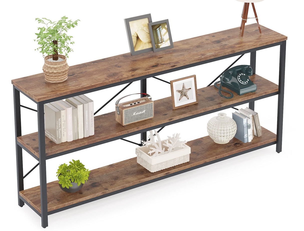 LITTLE TREE 70'' Narrow Long Sofa Console Table with 3-Tier Storage Shelf for Living Room, Rustic Brown LITTLE TREE