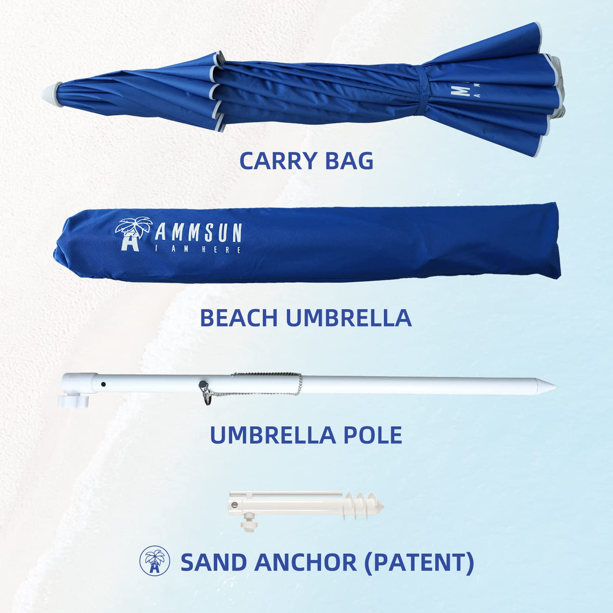AMMSUN 8 Feet Large Beach Umbrella with Sand Anchor Heavy Duty High Wind Portable Outdoor Umbrellas UPF 50+ Protection Air Vent Tilt Patio Garden Pool Blue AMMSUN