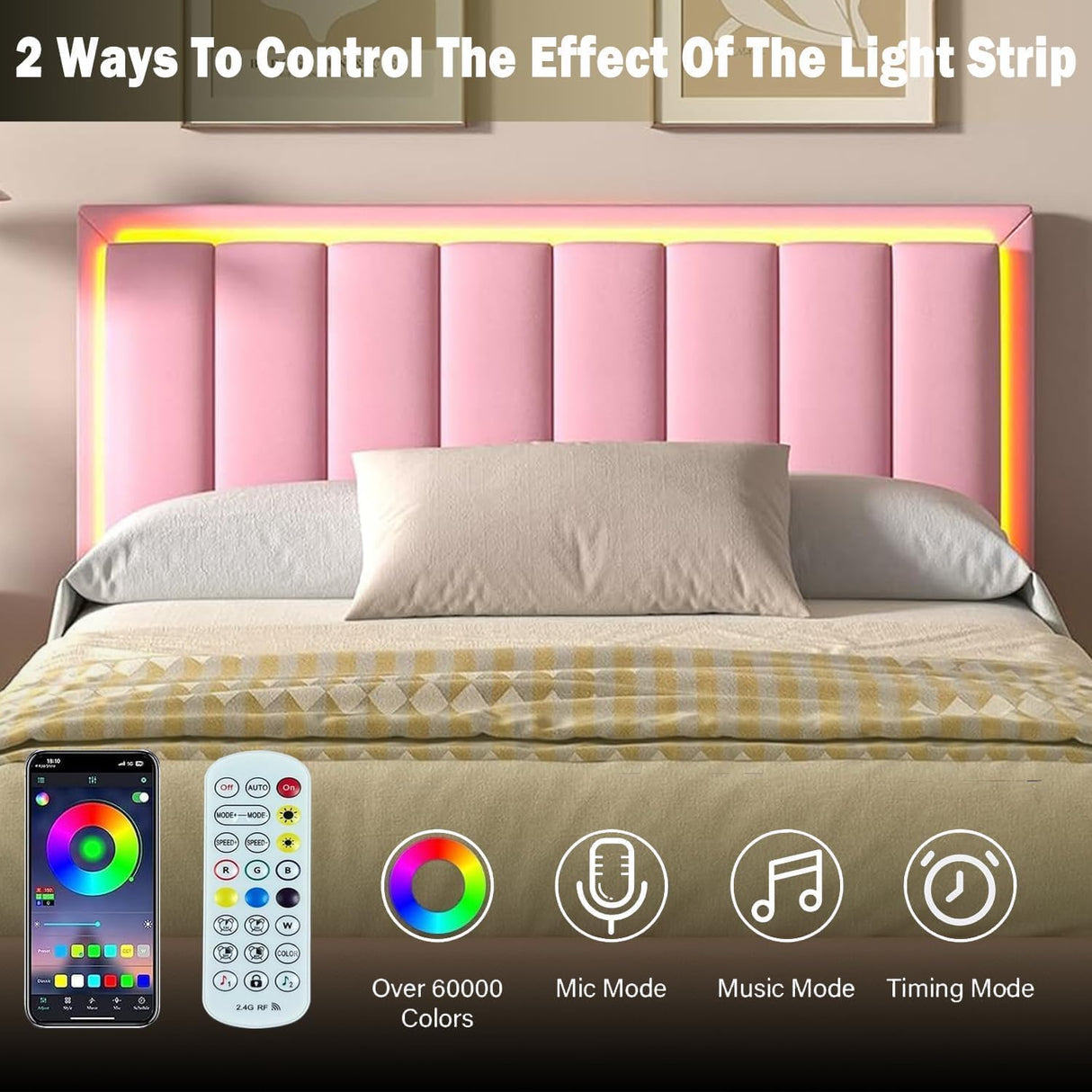 IMMERSTABLE Queen Bed Frame Pink with LED Lights, Upholstered Bed Frame Queen with Headboard, Heavy Duty Wood Slats Support, Noise-Free, No Box Spring Needed, Easy Assembly IMMERSTABLE