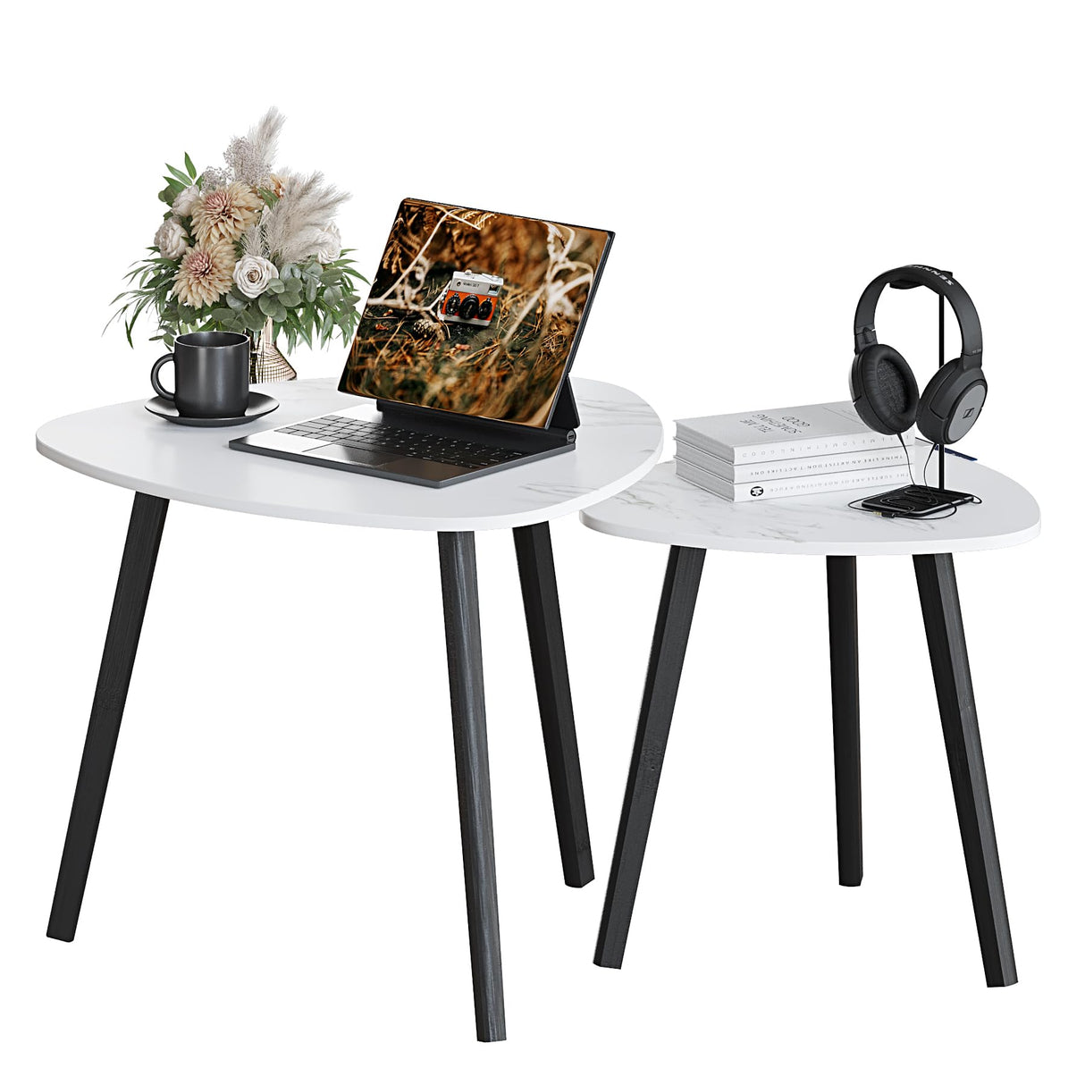 BAMEOS Bamboo Nesting Triangle End Table,Set of 2 Coffee Table Modern Minimalist Side Table for Living Room (Marble White) BAMEOS