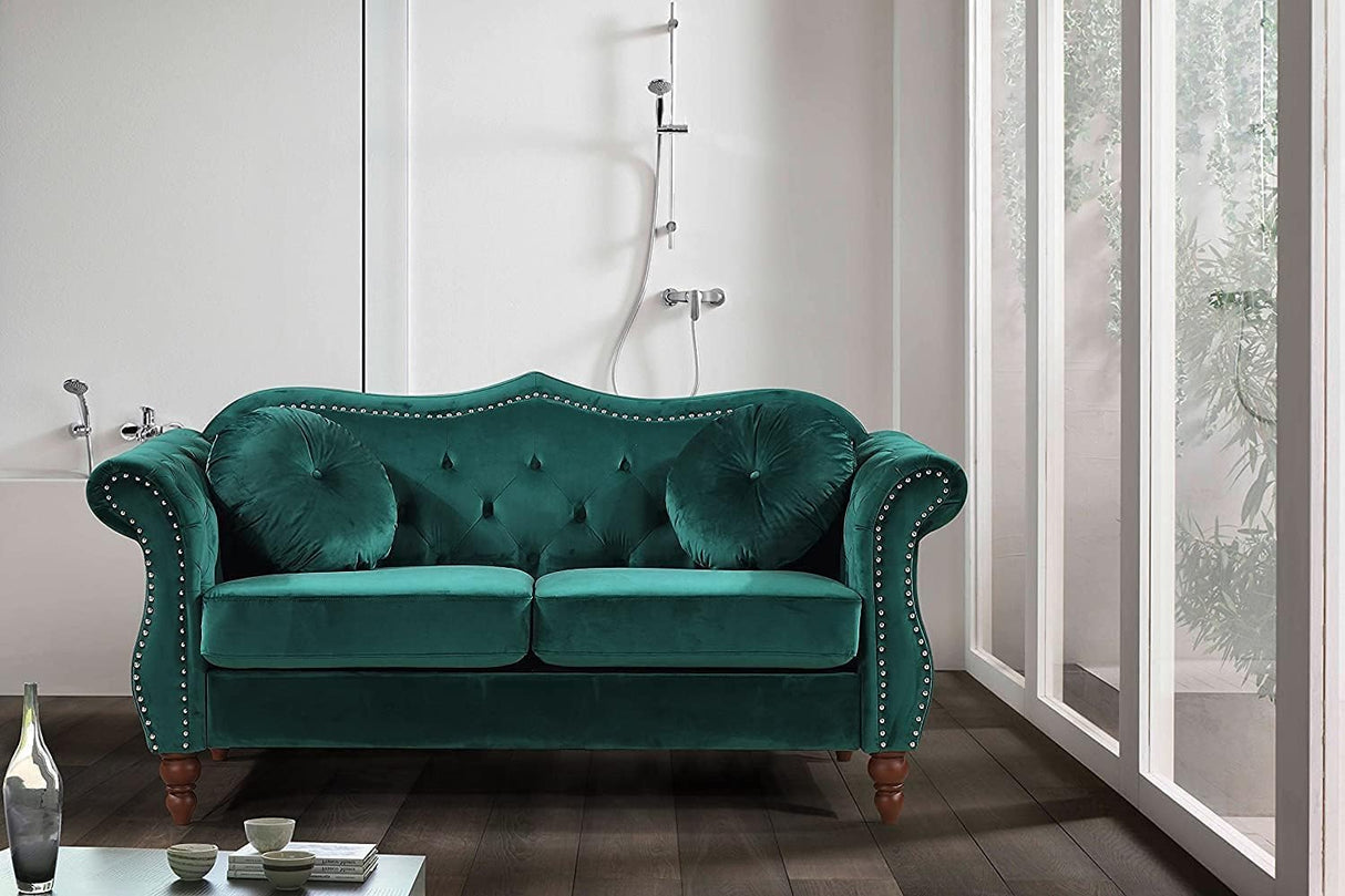 Container Furniture Direct Anna1 Chesterfield Velvet Couches for Living Room, Button Tufted Luxury Upholstery with Rolled Arms, High-Density Foam, Durable Wood Frame, 65.5" Loveseat, Green Container Furniture Direct