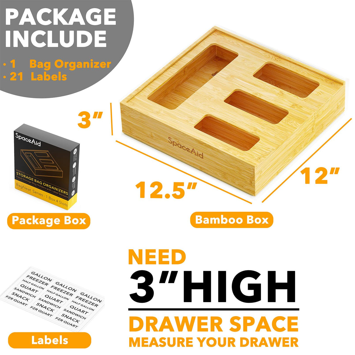 SpaceAid Bag Storage Organizer for Kitchen Drawer, Bamboo Organizer, Compatible with Gallon, Quart, Sandwich and Snack Variety Size Bag (1 Box 4 Slots) SpaceAid