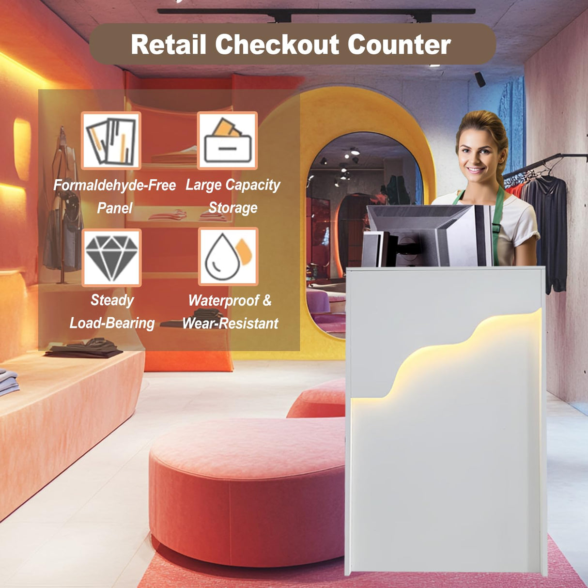 Reception Desk with Counter LED Light, Modern Front Desk with Lockable Drawer, White Retail Checkout Counter for Clothing Store Lobby Beauty Salon (White, 37.8x23.6x15.7in) CDDUOLA