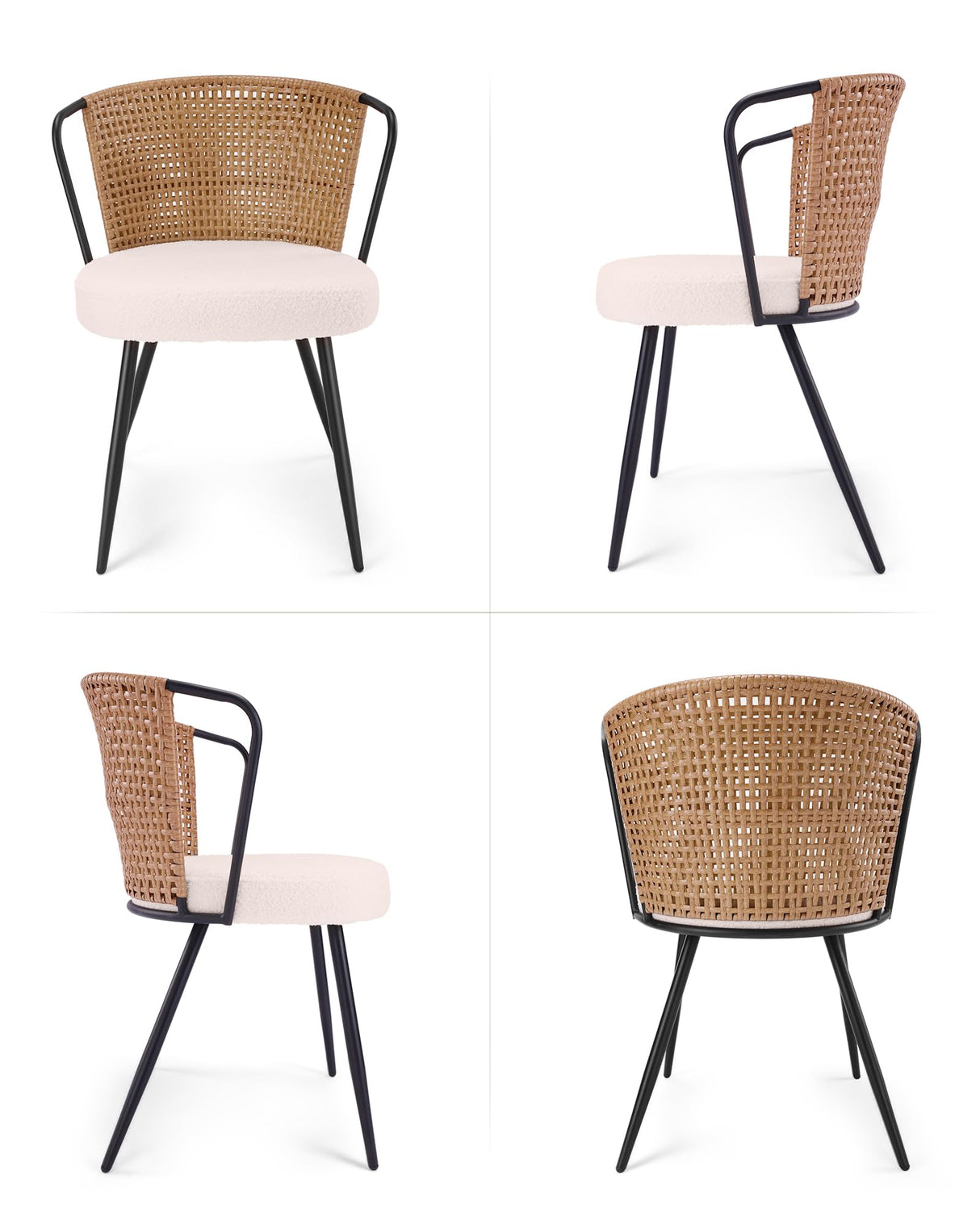 BedsPick Rattan Dining Chairs Set of 4 - Farmhouse Upholstered Cane Back Kitchen Chair with Boucle Cushion, Wingback Dining Room Seat with Metal Legs for Home, Kitchen (Brown) BedsPick