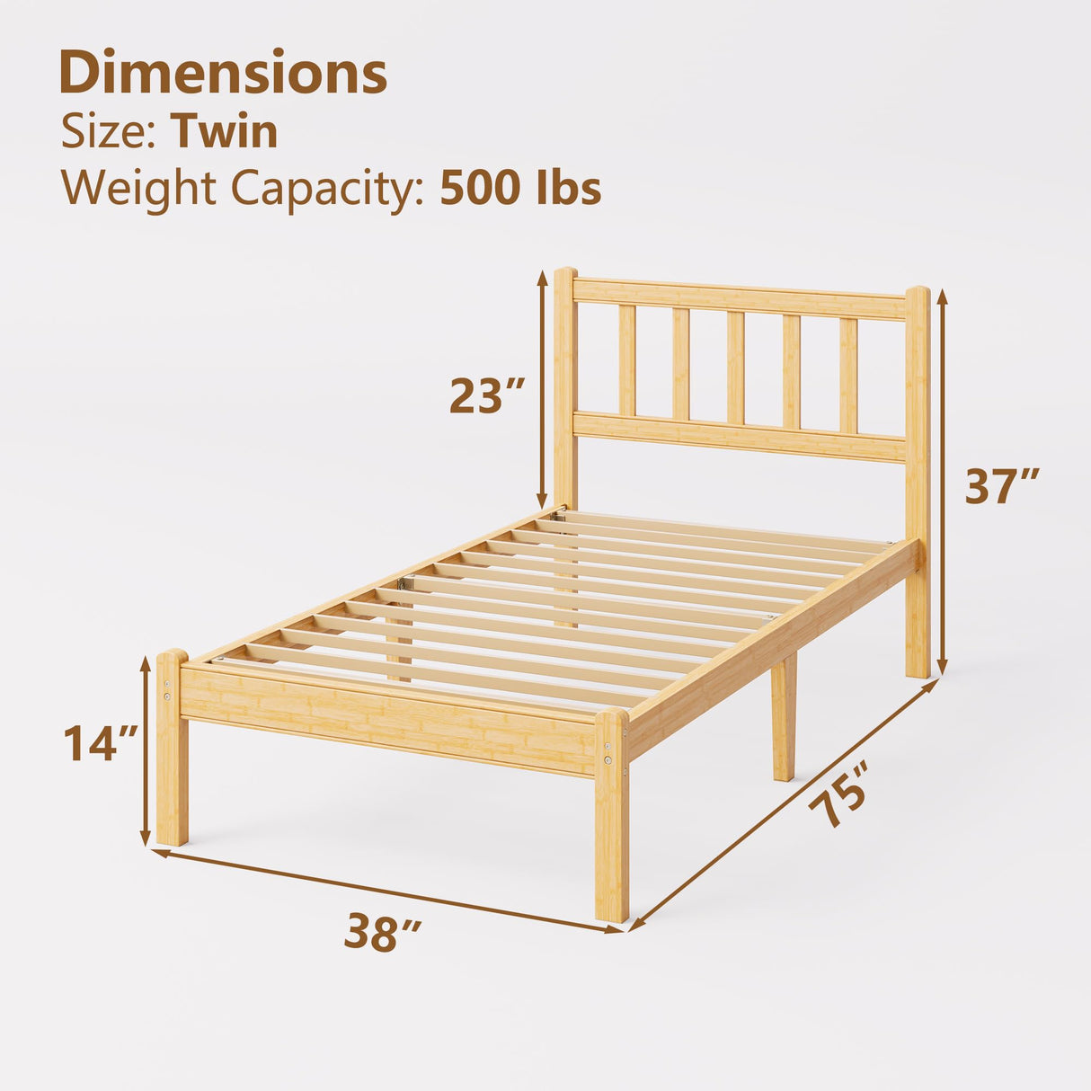 FDLOGW 14 in High Solid Bamboo Wood Twin Bed Frame with Headboard, Platform Twin Size Bed Frame, Heavy Duty, No Box Spring Needed, Nosie Free FDLOGW