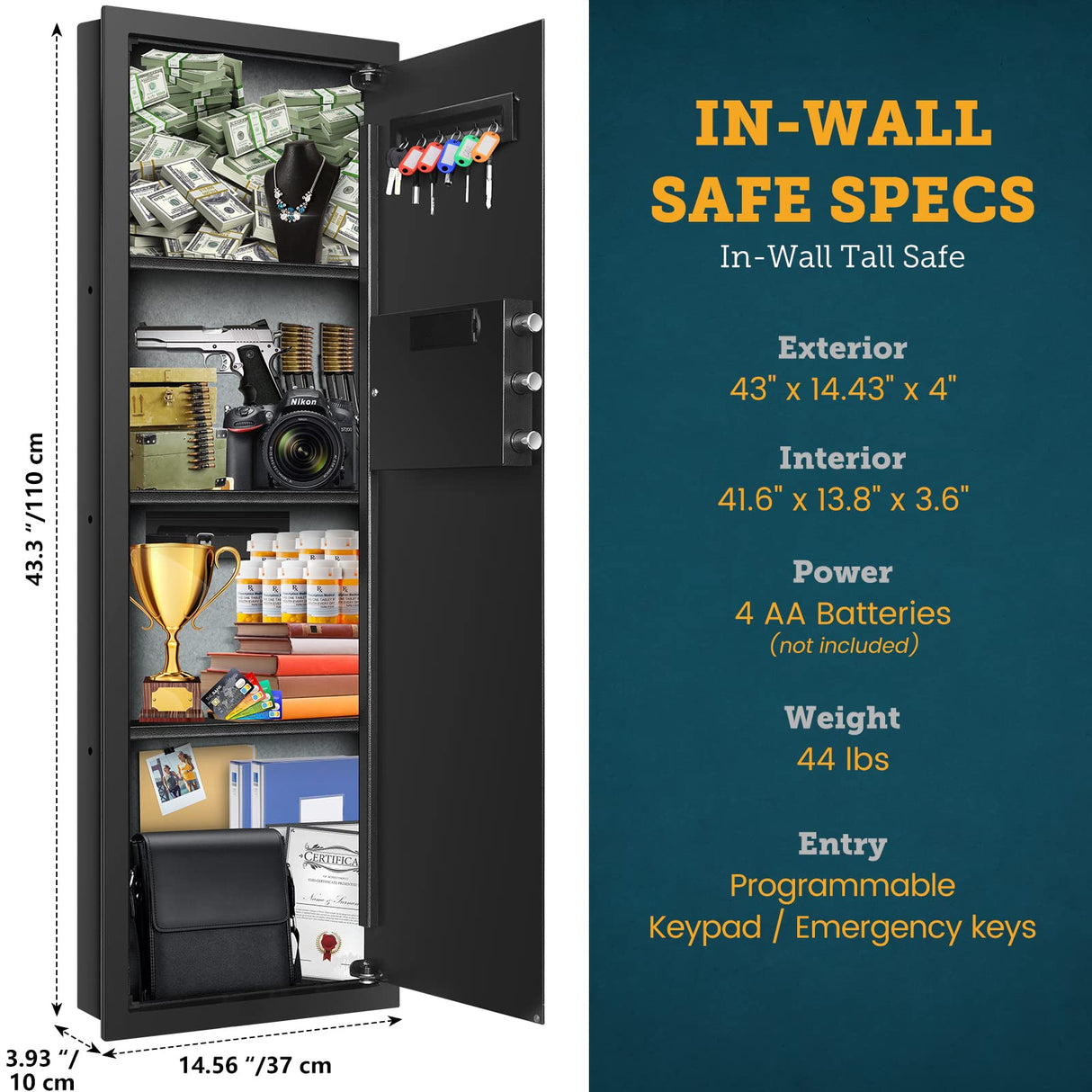 GHJGAGE 43.5" Tall Fireproof Wall Safe Between Stud, Heavy Duty Flush In Wall Safe With Digital Keypad & Removable Shelf, Hidden Gun Safe, Security Home Wall Safes For Storage Firearms Money Medicine GHJGAGE