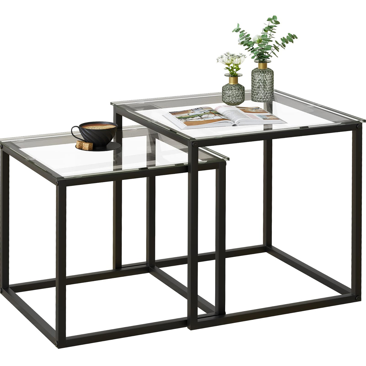 VILAWLENCE Coffee Table Set of 2, Modern Black Glass Side Table, Metal Frame Square End Table, Center Tables,Nesting Coffee Table for Living Room,Bedroom and Small Spaces VILAWLENCE