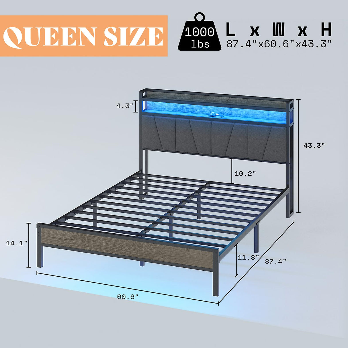 AMERLIFE Queen Size Bed Frame with RGB Lights & Charging Station, LED Bed Frame with Storage Headboard Linen Upholstered, Heavy Duty Metal Slats, No Box Spring Needed, Rustic Grey AMERLIFE