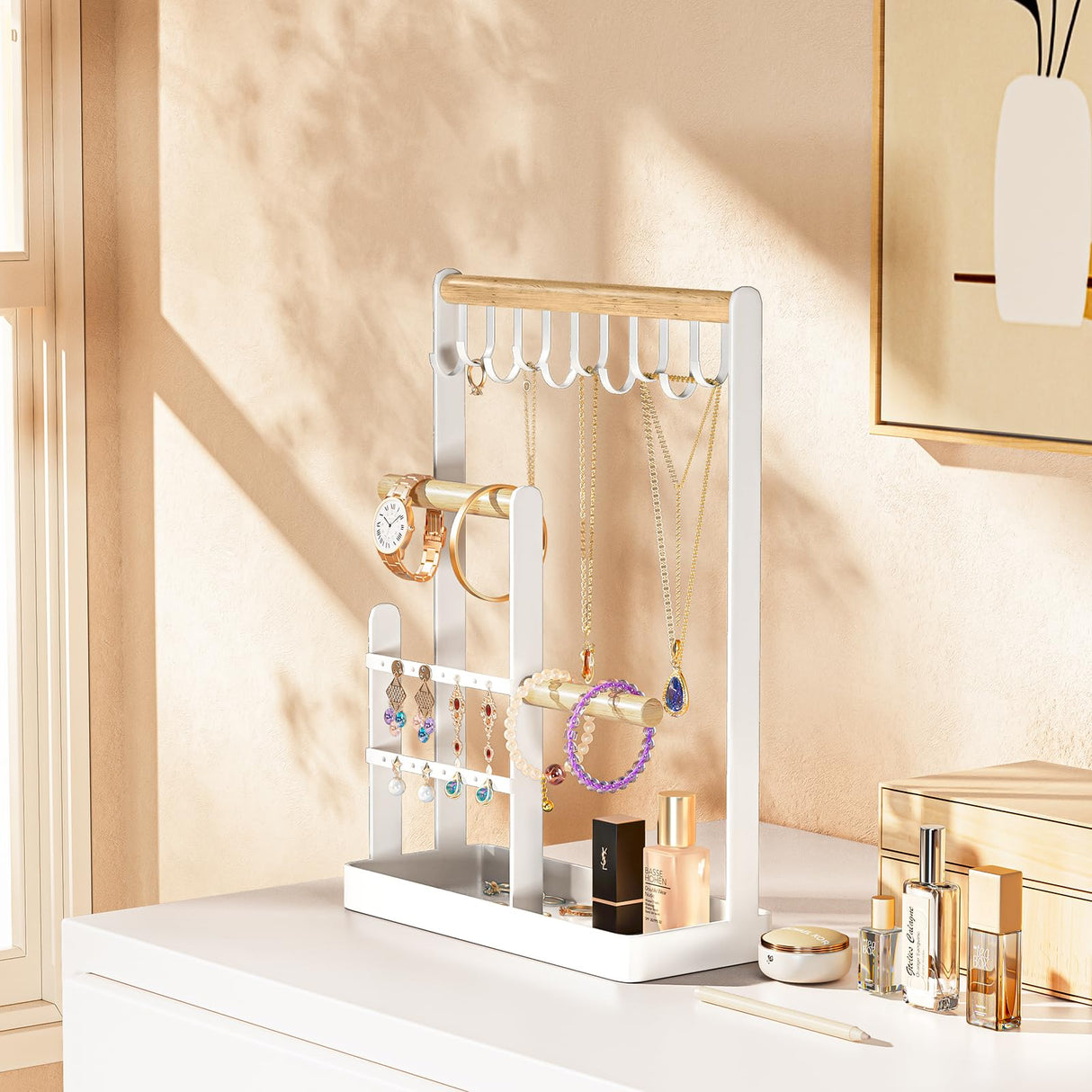 ProCase Jewelry Organizer Stand Necklace Holder, 4-Tier Tower Rack with Earring Tray, 10 Hooks Necklaces Hanging Small Jewelry Display Storage Tree for Bracelets Rings Watches -White ProCase