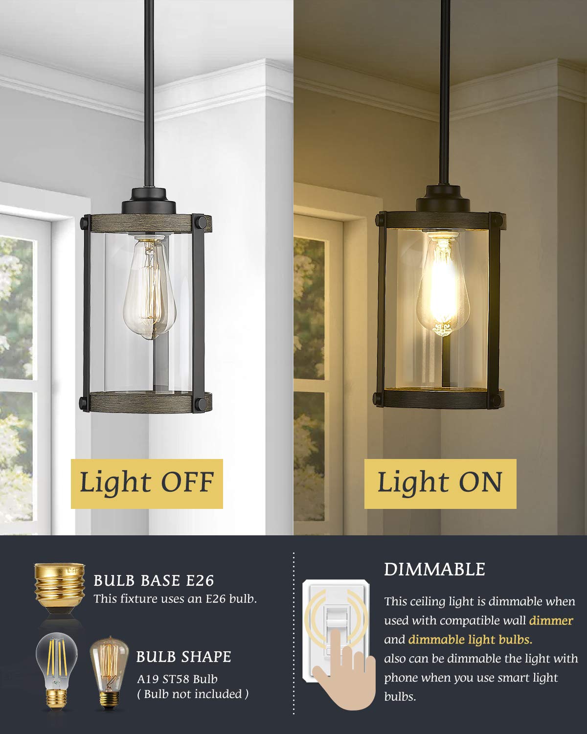 Osimir Farmhouse Pendant Light Fixtures, 1-Light Black Glass Pendant Lights for Kitchen Island, Industrial Rustic Mini Hanging Lighting with Rod, Wood Finish, Adjustable Length, OS-3014 Osimir