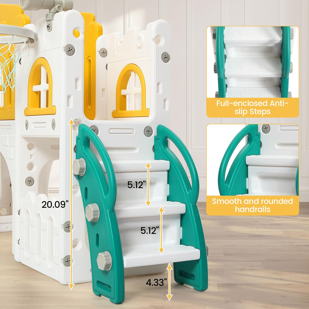 GAOMON 8 in 1 Toddler Slide Indoor Playground, Indoor Slide Toddler Playset for Toddlers 1-3, Kids Outdoor Playground with Slide, Basketball Hoop, Climber, Crawling Tunnel, Telescope, Toy Storage GAOMON