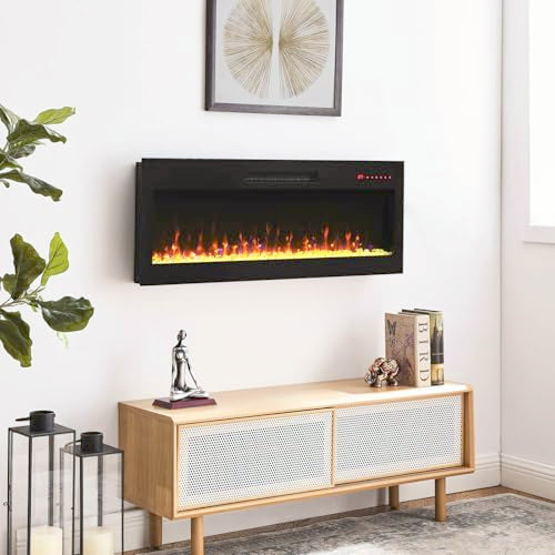 42" Electric Fireplace, Recessed Ultra-Thin Wall Fireplace Heater, Tempered Glass Front Wall Mounted Electric Fireplace with Remote and Multi Color Flame & Emberbed, LED Light Heater (42 inch) MTSVMP