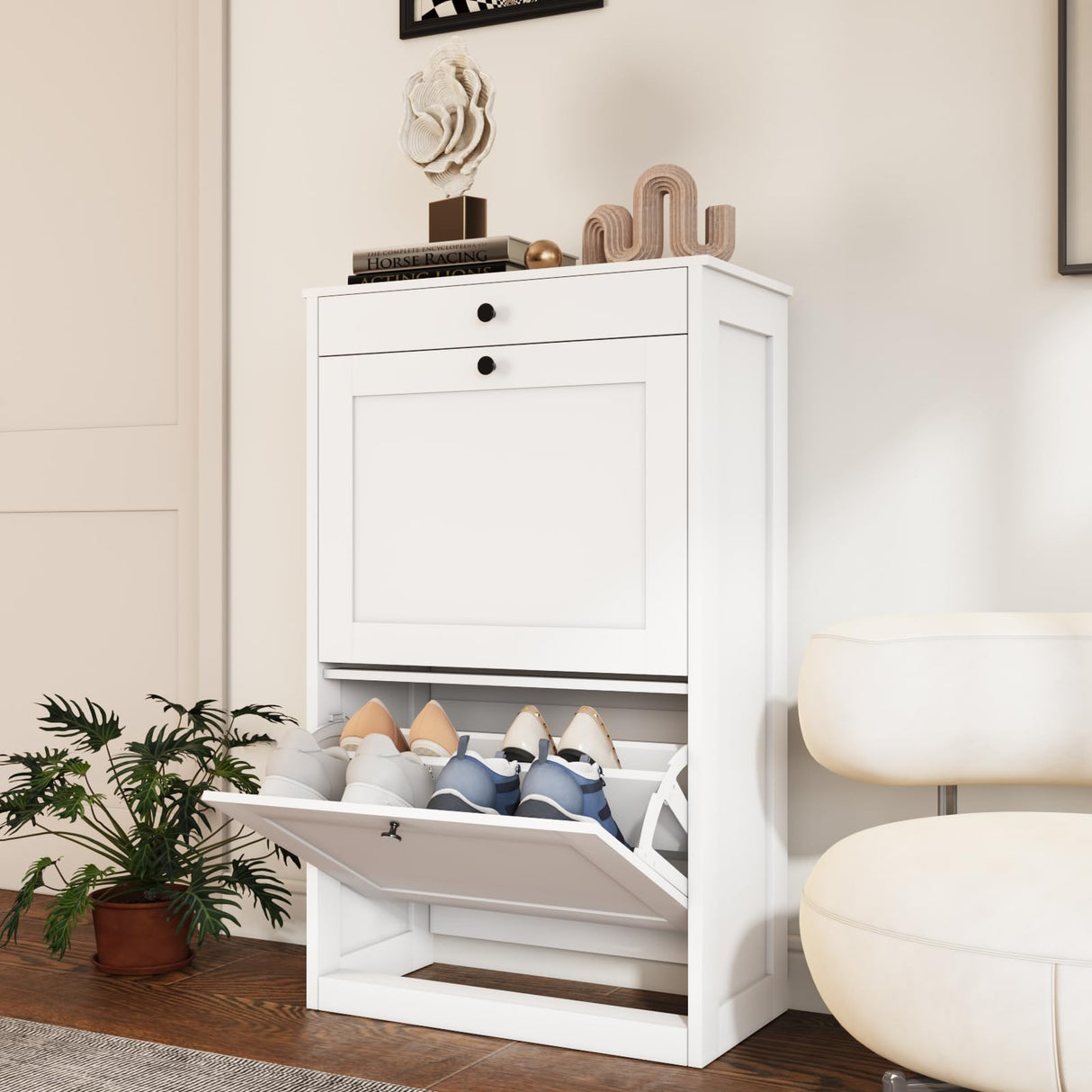 VOWNER Shoe Cabinet with 2 Flip Drawers, Narrow Shoe Storage Cabinet with Drawer, Shoe Cabinet Organizer for Entryway, Hallway, White VOWNER