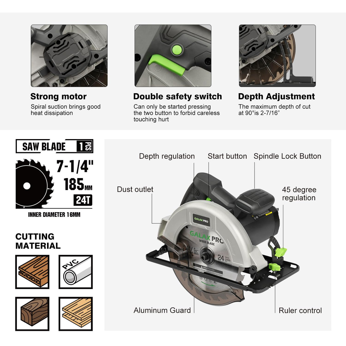 GALAX PRO 11 Amp Power Circular Saw, 6000RPM Corded Circular Saw with Adjustable Cutting Depth 2-7/16" (90°) to 1-13/16" (45°), 7-1/4 Inch Carpentry Saw Blade, Ideal for Wood, Plastic Cuts GALAX PRO