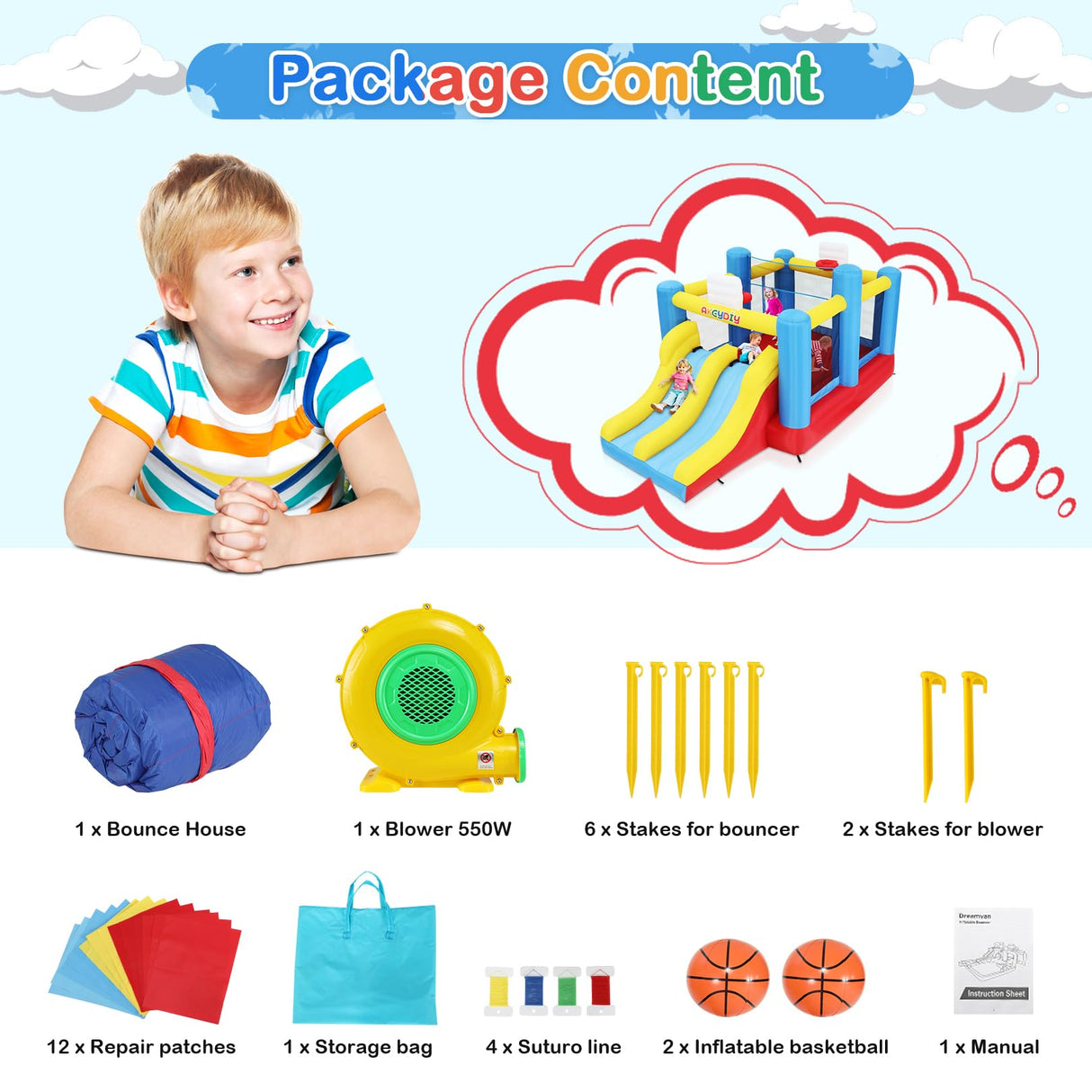 Big Bounce House for Kids 8-12 Girls/Boys Gifts, 15ft Ball Game Inflatables Bouncy House with Double Slide 3-12 Bouncy Castle with Blower, Jump House with Slide, Double Basketball Hoop AKEYDIY