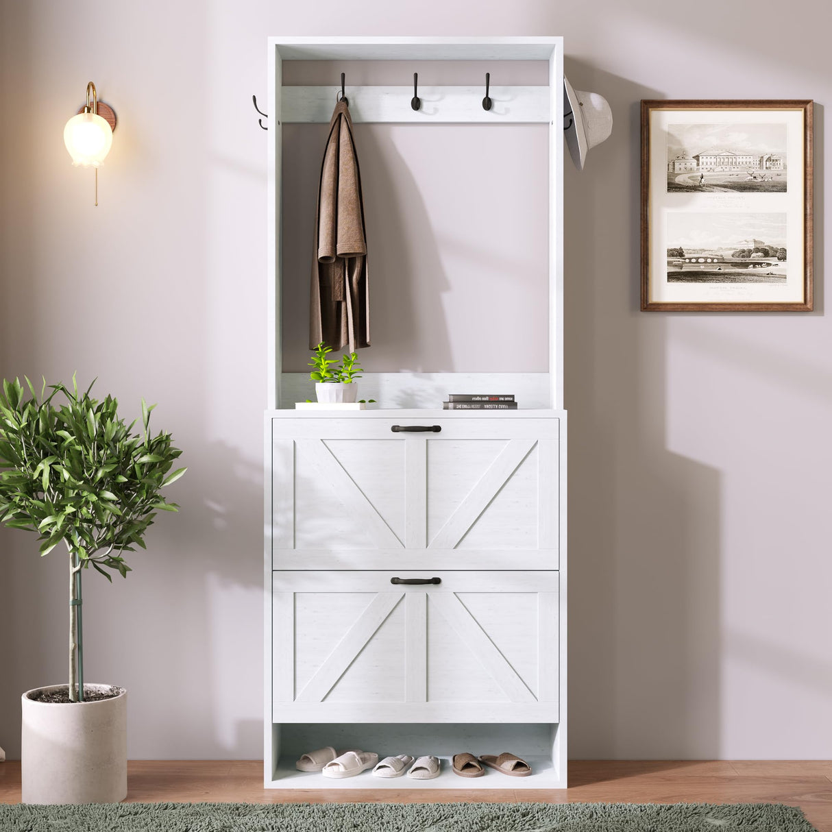 Betoko Hall Tree with Shoes Storage,Farmhouse Entryway Coat Rack Wooden Hallway Mudroom Tree Bench Corner Tree Cabinet with 5 Coat Hooks & 2 Shoes Cabinets and Open Shelf(Rustic White) Betoko