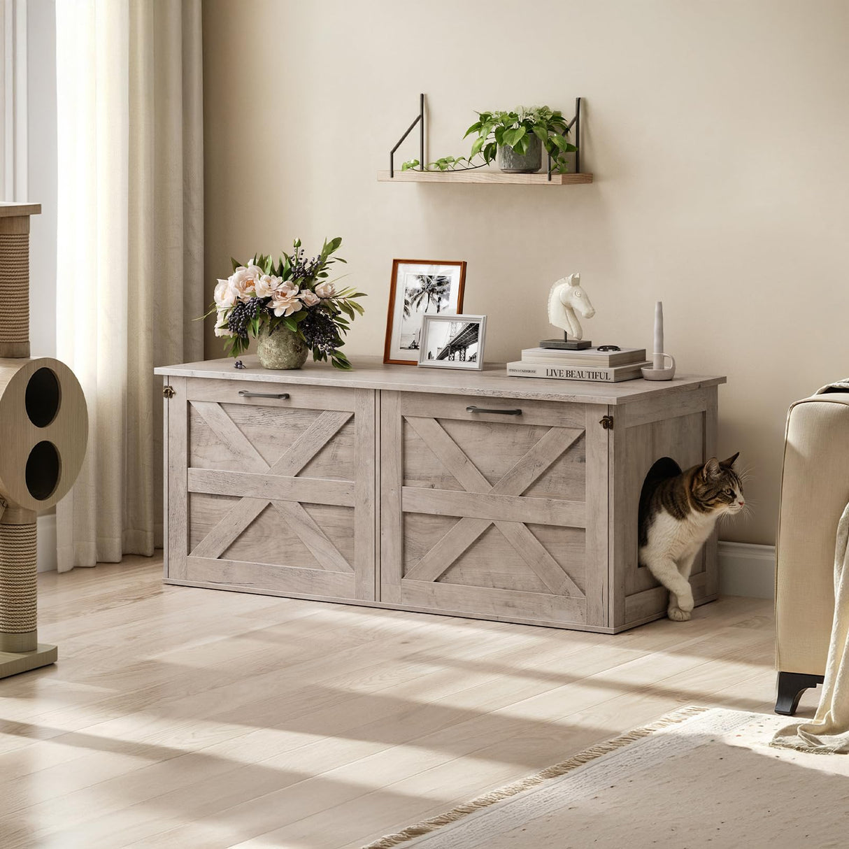 Herture Double Cat Litter Box Enclosure, Hidden Litter Box Cabinet Furniture, Modern Litter Box Storage, Enclosed Cat Litter Box Furniture, Easy to Clean Griege PG06MWZ Herture