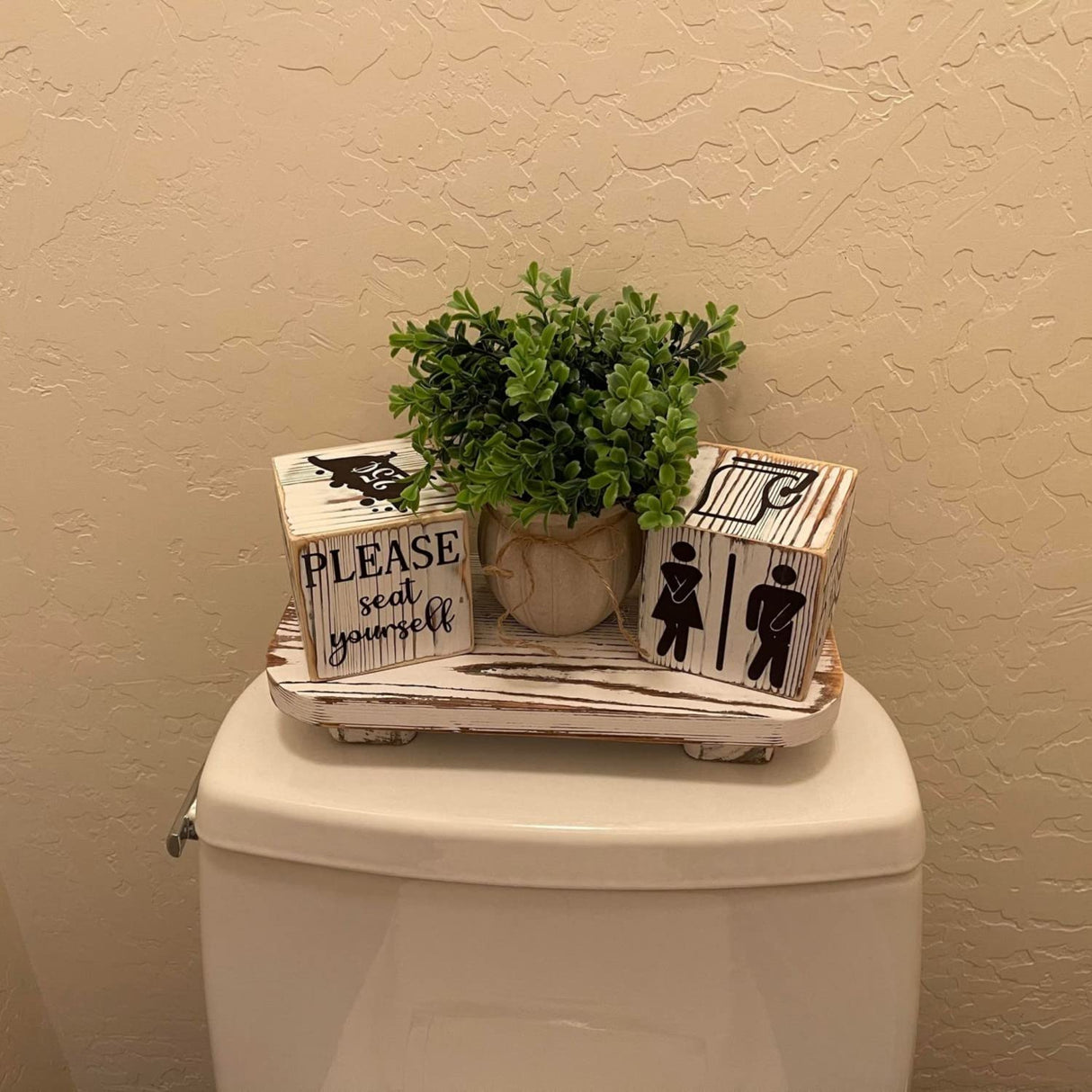 Liswit Farmhouse Funny Bathroom Decor Signs, 3 Wooden Blocks with Plant & Tray, Rustic Decoration for Bathroom Countertop Liswit